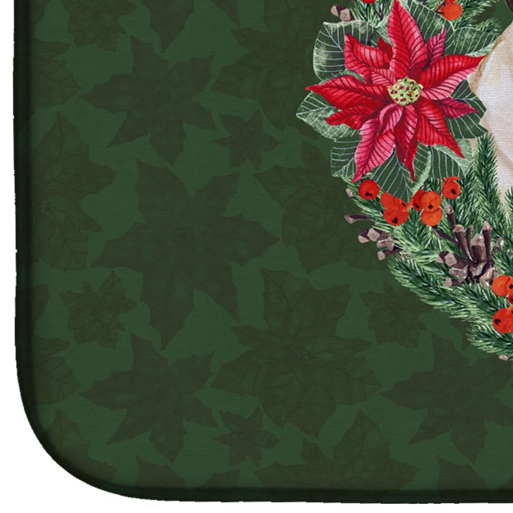 Pug Poinsettia Wreath Dish Drying Mat - Absorbent Kitchen Counter Mat (14x21