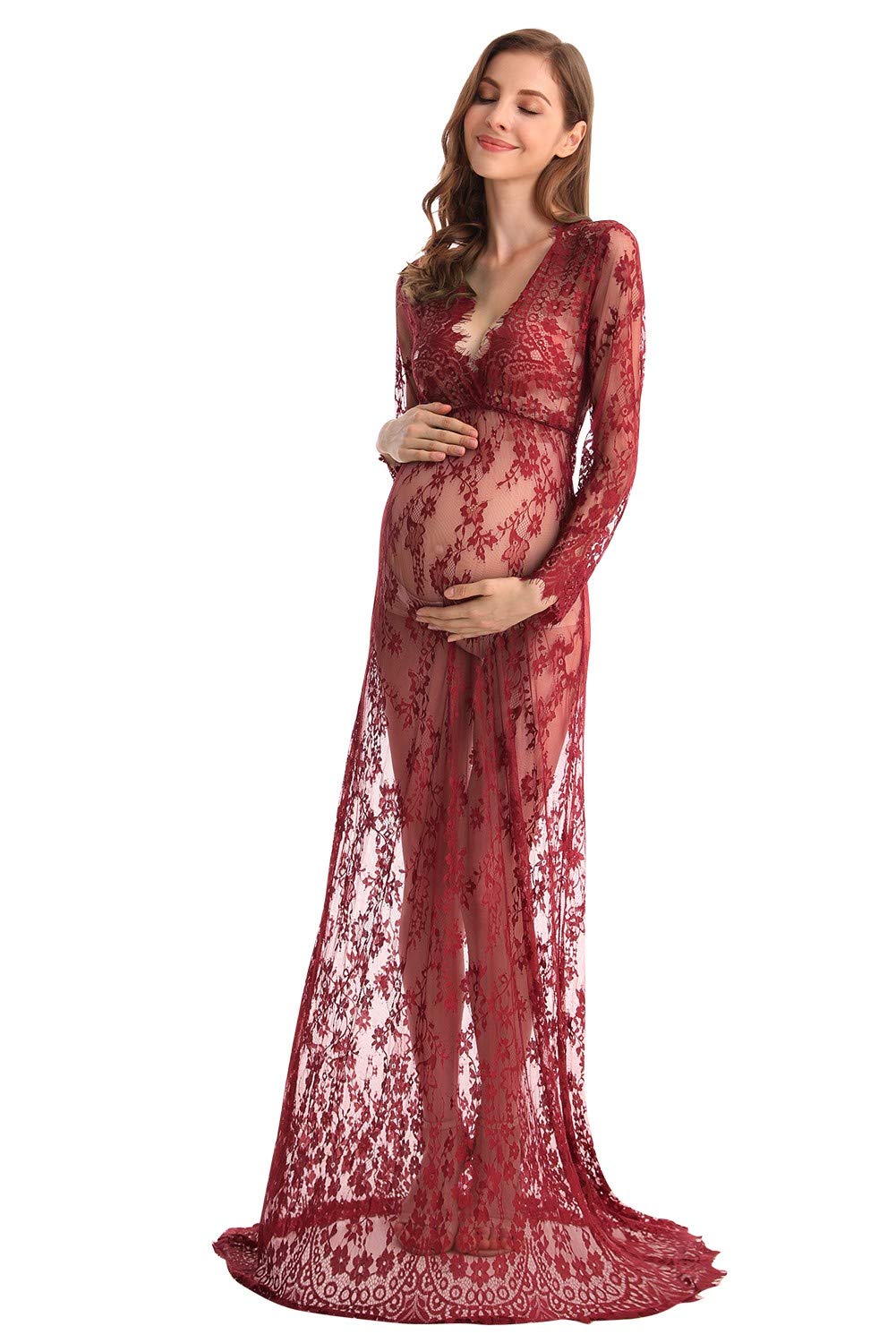 Sexy Lace Maternity Dress for Boudoir Photoshoot - Long Sleeve Deep V-Neck Nursing Gown, Elegant Lingerie Robe for Pregnancy Photos & Milk Bath Sessions - Perfect for Maternity Shoot, Bridal Shower, or Romantic Nightwear
