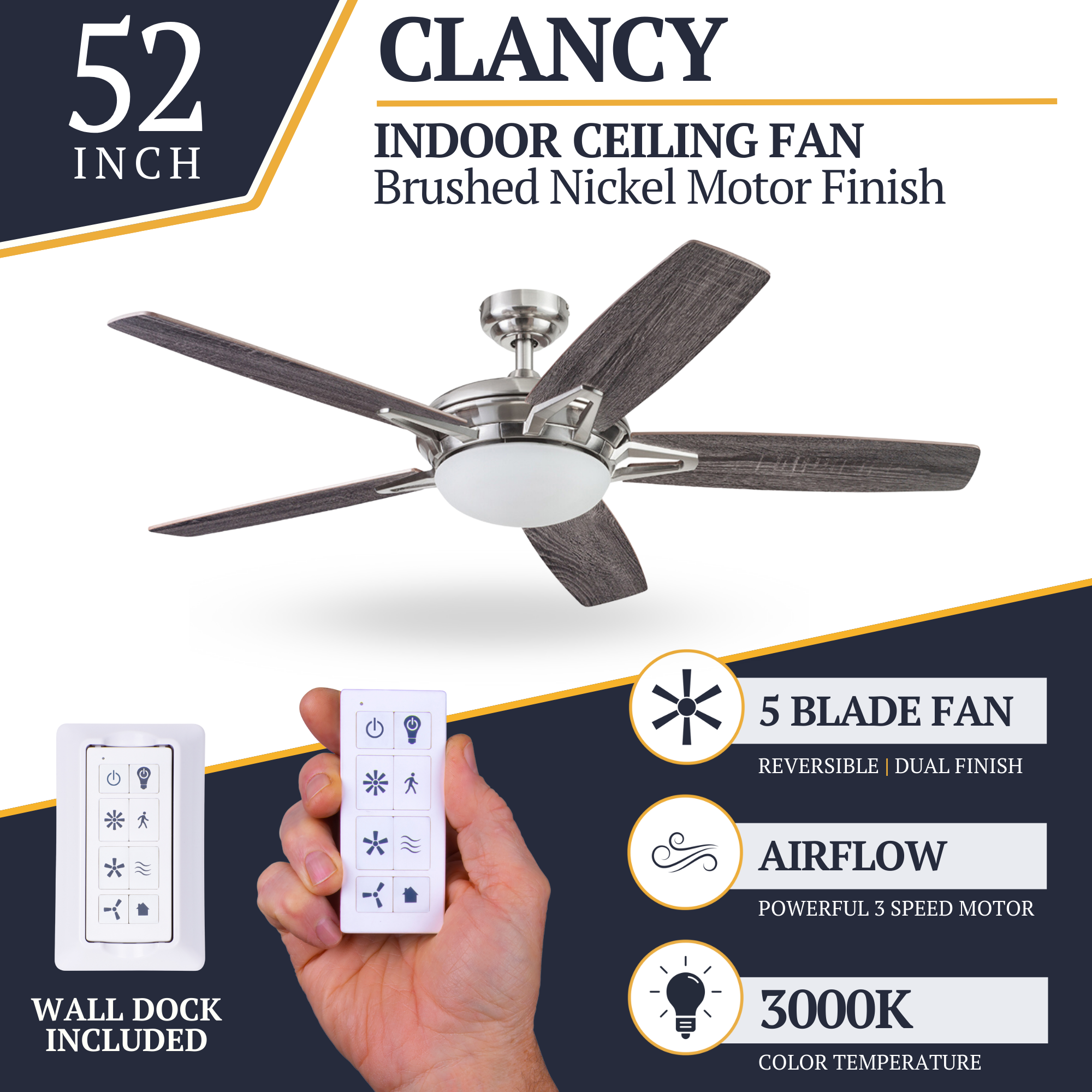 52 Inch Clancy Brushed Nickel Ceiling Fan with Remote Control - Perfect for Living Room, Bedroom, and Office Cooling & Air Circulation