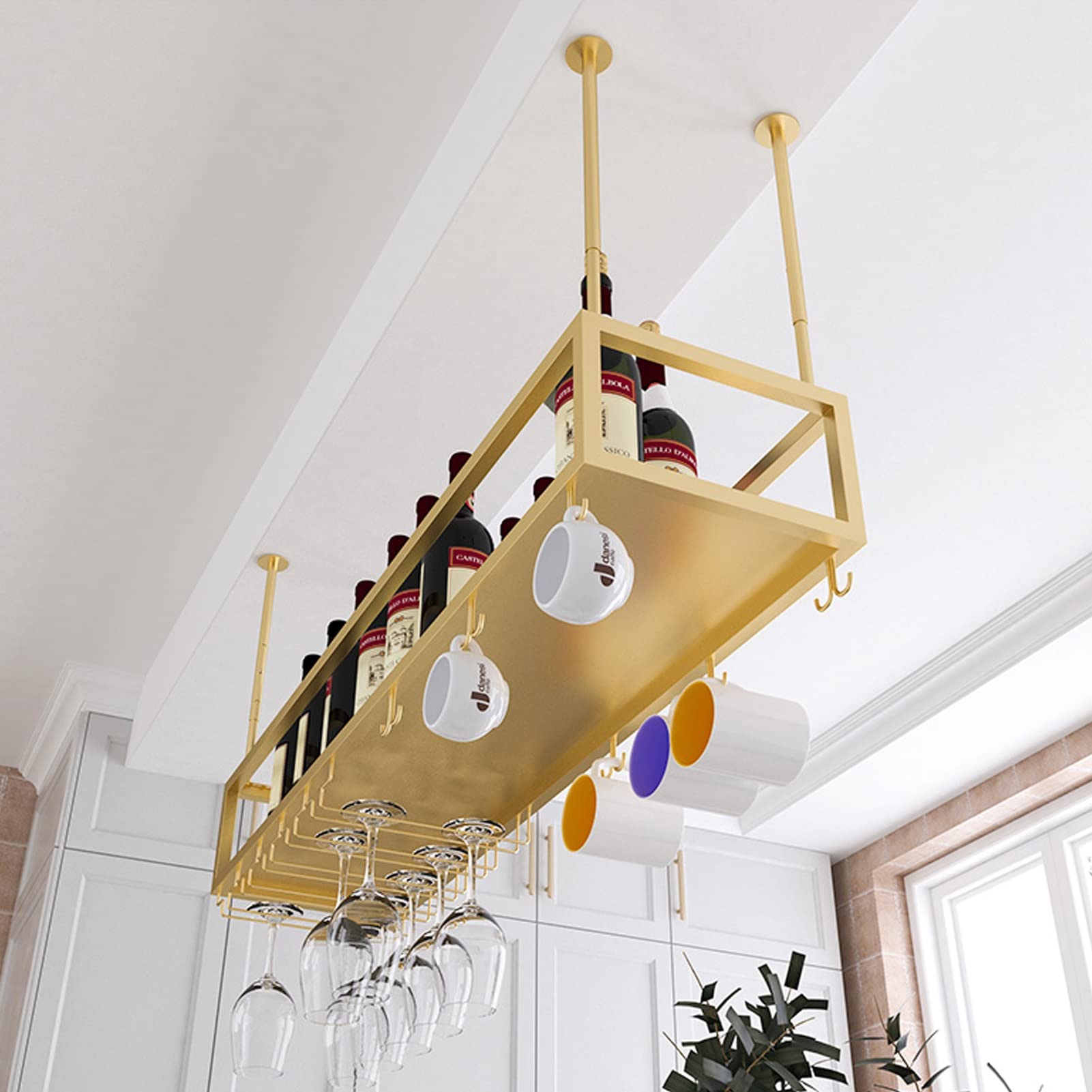 Premium Ceiling Wine Rack - Decorative Hanging Storage Shelf for Wine Bottles, Champagne & Glass Goblets - Sturdy Stemware Organizer for Home Bar (100x25x21cm) - Perfect for Kitchen, Dining Room & Wine Cellar Organization