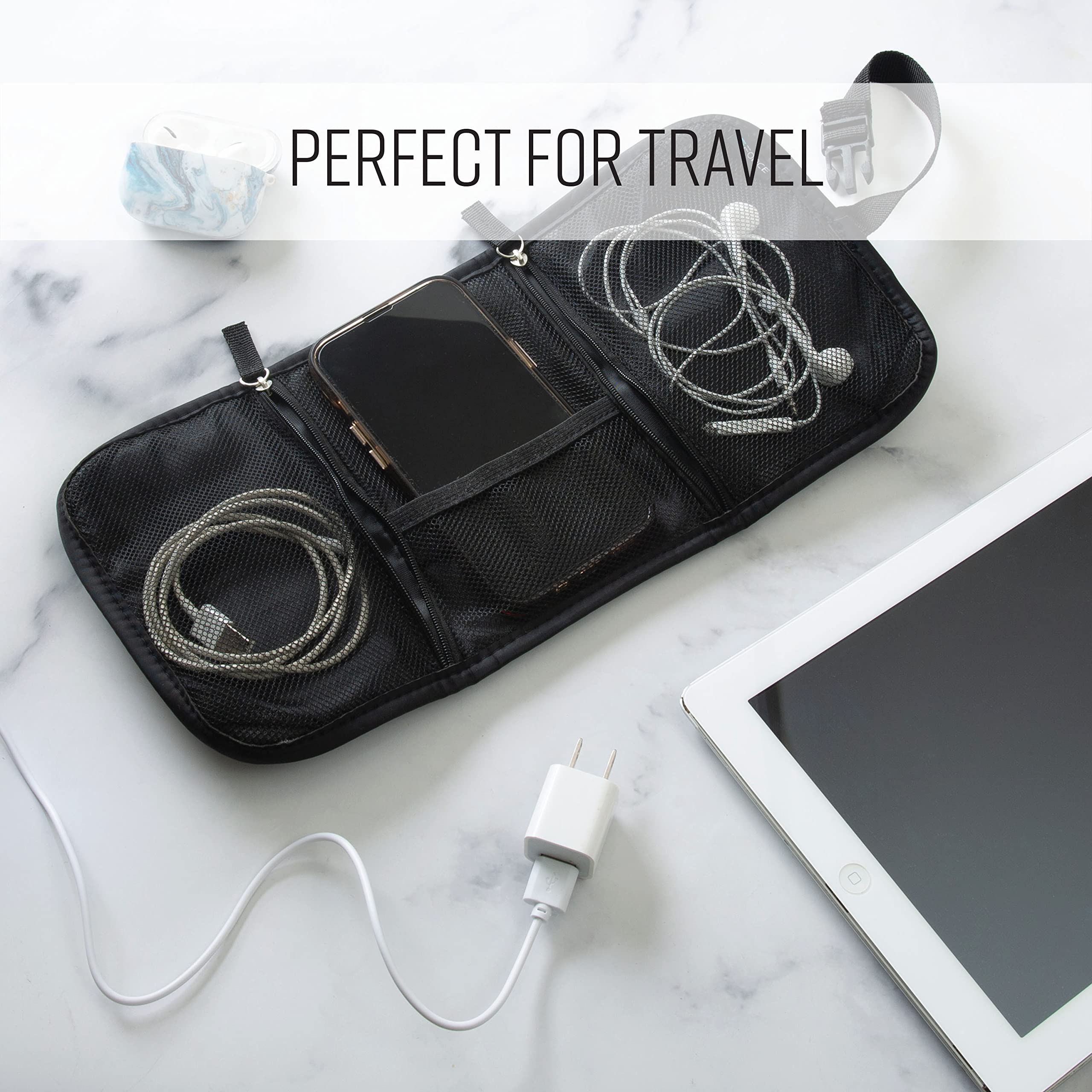 GForce Tech Cable Organizer Bag - Portable Travel Accessory Case for Electronics Chargers & Cords with Mesh Pockets (Black) | Perfect for Business Trips, Commuting & Home Office Organization