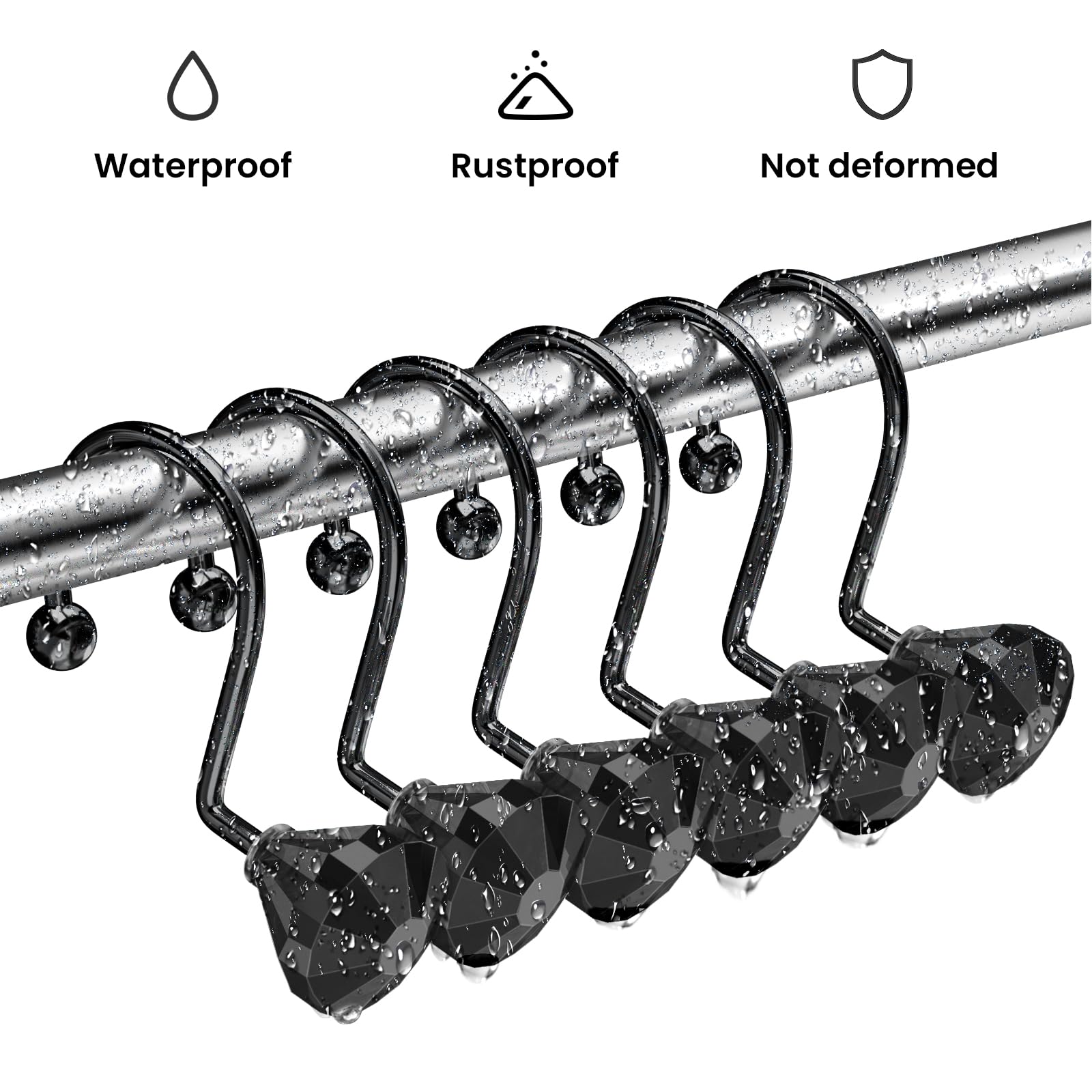 12PCS Diamond Crystal Shower Curtain Hooks - Black Bathroom Decor for Shower Curtains & Rods - Elegant Diamond Shaped Hooks for Stylish Bathroom Upgrade - Perfect for Home, Hotel, and Spa Decor