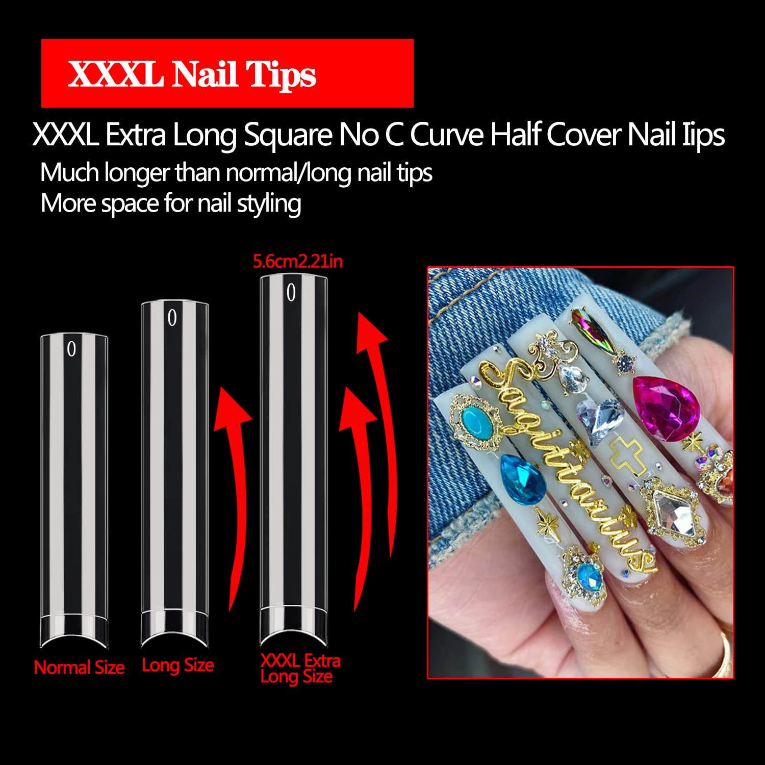 504PCS XXXL No C Curve Clear Square Nail Tips - Extra Long Flat Fake Nails for Acrylics, 12 Sizes Half Cover French Manicure with Storage Box | Professional Salon & DIY Home Nail Art Supplies