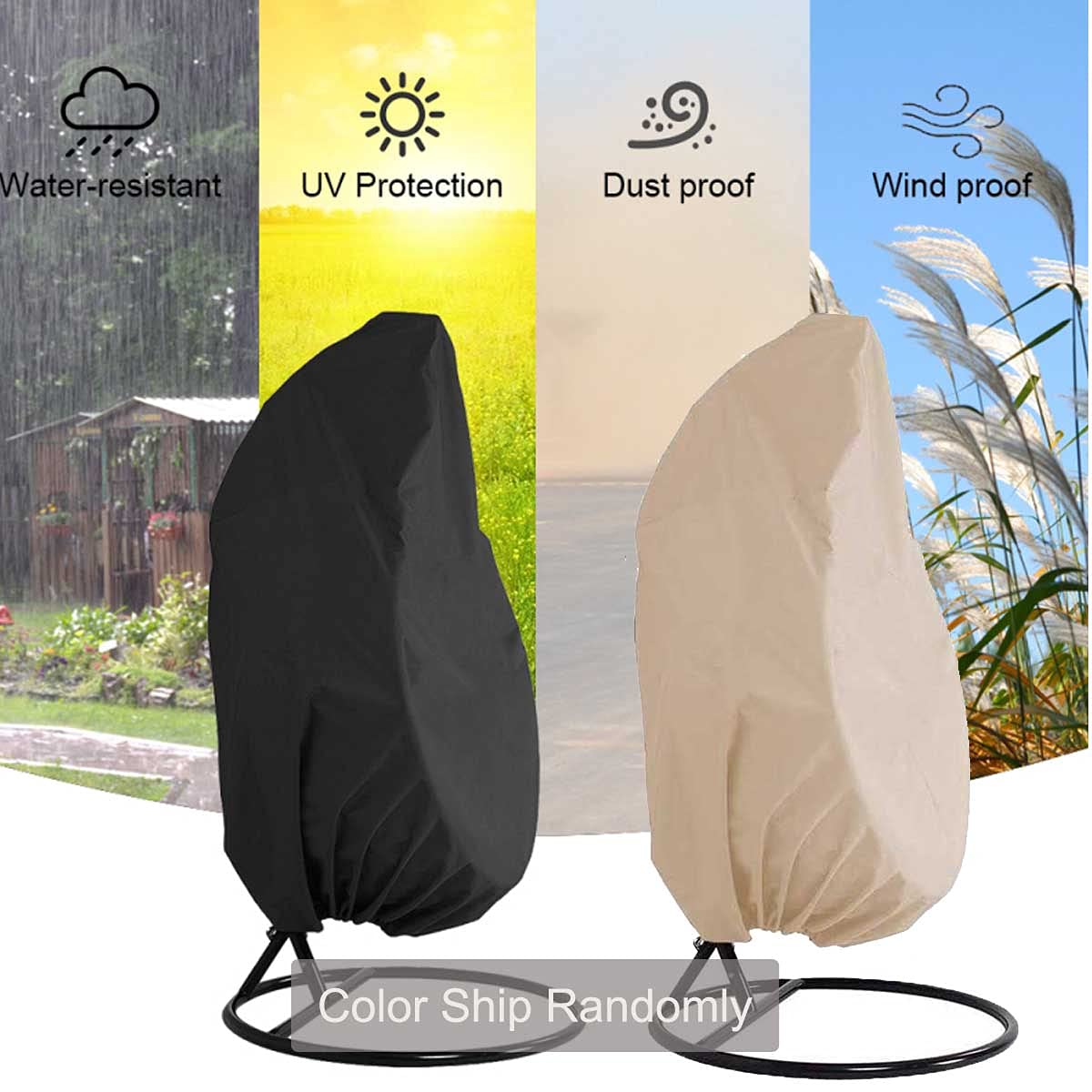 Waterproof Foldable Wicker Chair Cover - Outdoor Hanging Egg Chair Protector, Swing & Rattan Chair Cover for Patio, Garden, Balcony - All-Weather Protection for Indoor/Outdoor Use (Black)
