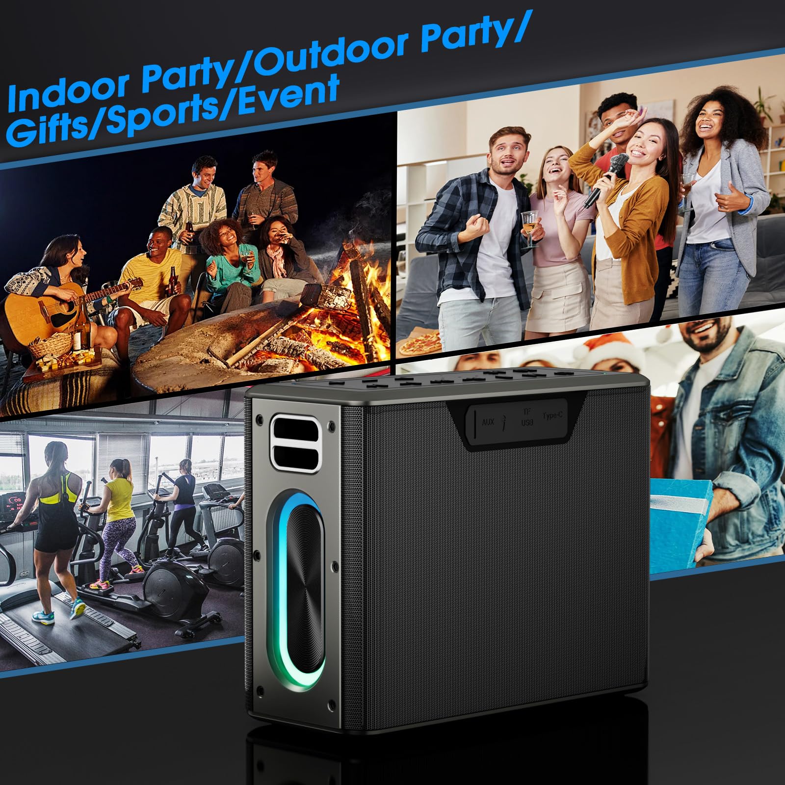 Portable Karaoke Machine with 2 Wireless Microphones - Bluetooth Speaker with LED Lights, 3 Voice Modes, BT/TWS/AUX/USB/TF Support for Home Parties, Outdoor Gatherings & Family Singing Fun