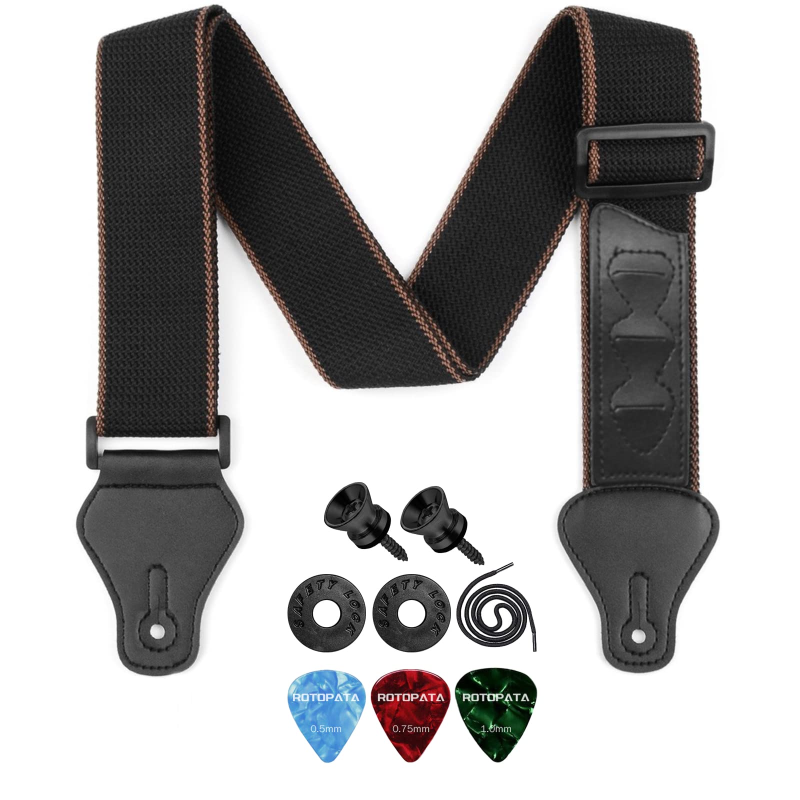 Premium PU Leather Guitar Strap with 2 Buttons & 2 Locks - Includes 3 Free Guitar Picks for Bass, Electric & Ukulele (Black) | Comfortable & Adjustable for Live Performances, Studio Recording & Practice Sessions