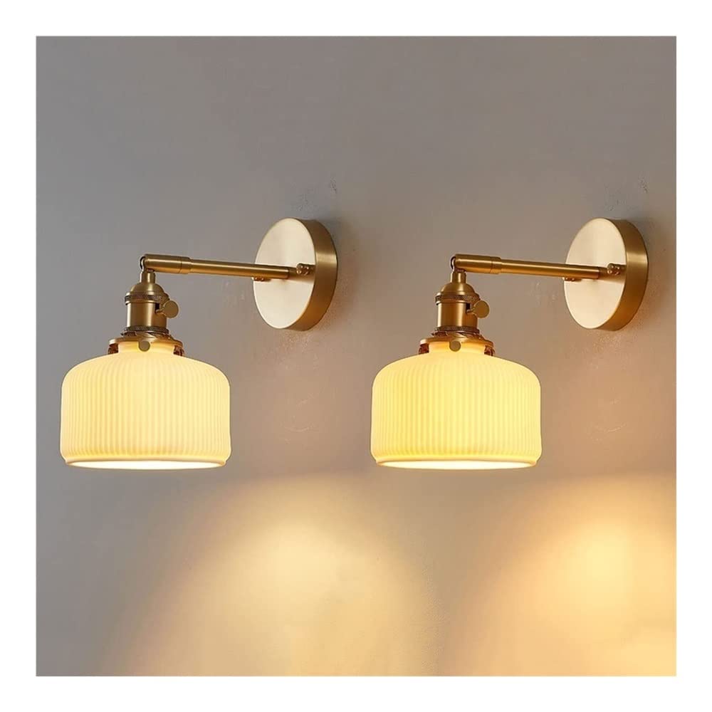 2 Pack Adjustable Brass Wall Sconces with Milk White Ceramic Lamp Shades - Indoor Wall Mounted Lighting for Living Room, Bedroom & Headboard - Vintage Style Home Decor Lighting Fixtures (Perfect for Reading Nook & Cozy Ambience)