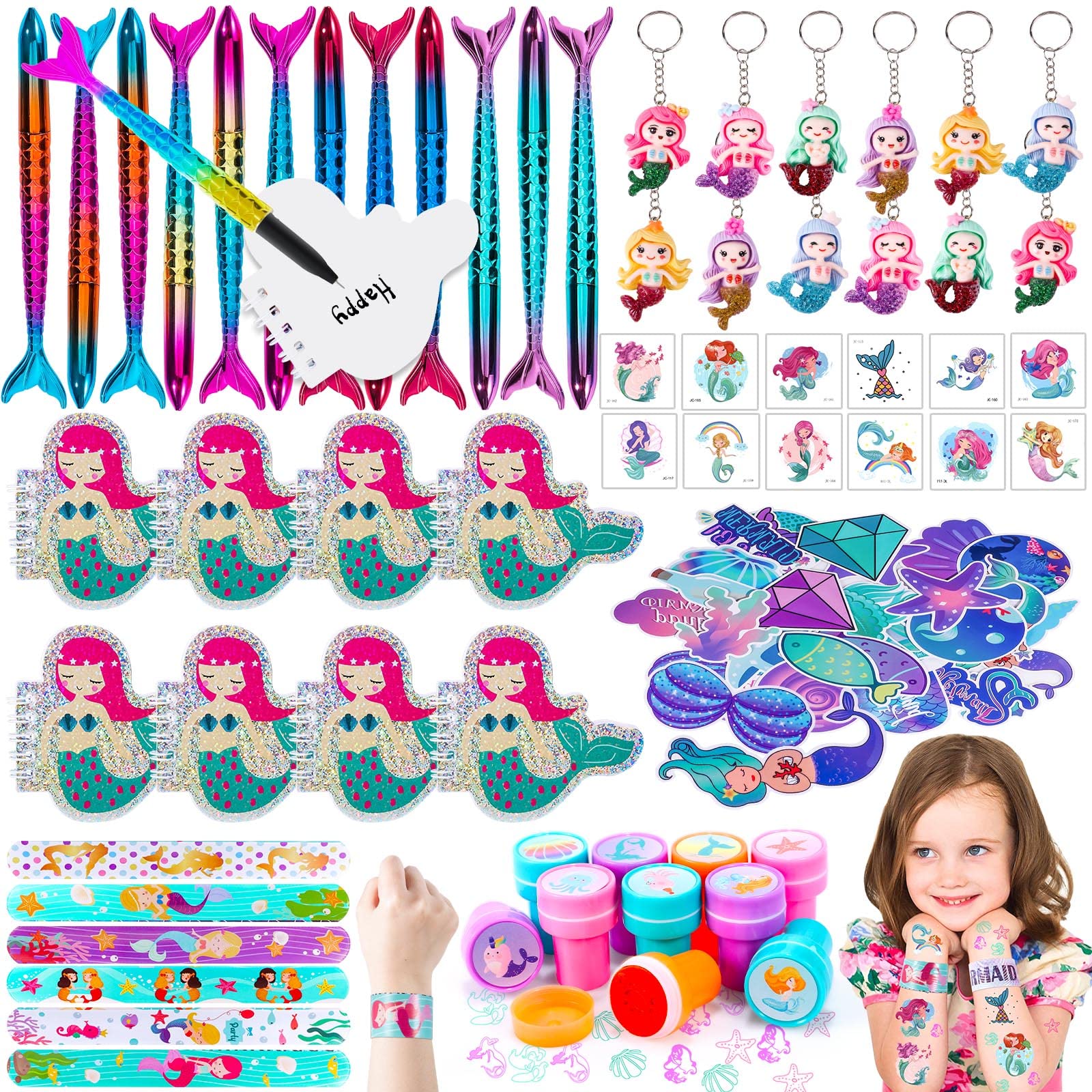 102Pcs Mermaid Party Favors Kit for Kids - Slap Bracelets, Keychains, Temporary Tattoos, Stickers, Coil Book, Pens - Mermaid Birthday Party Supplies & Goodie Bag Fillers for Girls - Perfect for Birthday Parties, School Events & Themed Celebrations