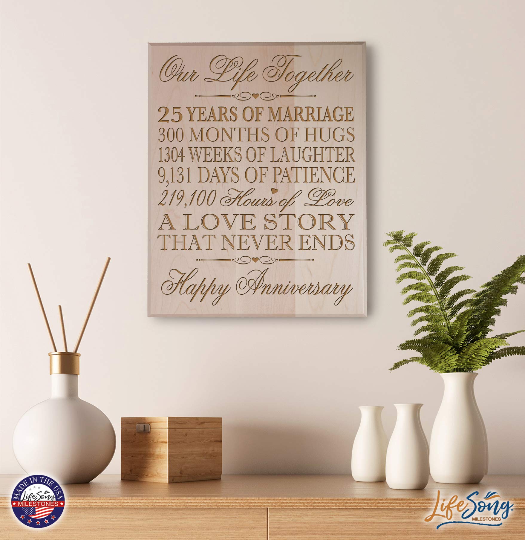 LifeSong Milestones 25th Wedding Anniversary Wall Plaque - Elegant Maple Solid Wood Gift for Couples (12
