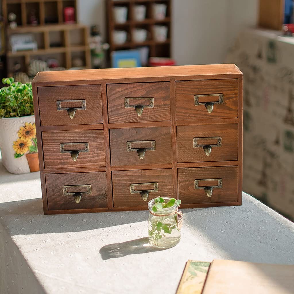 WALNUTA 9-Drawer Wooden Storage Cabinet - Vintage Style Desktop Organizer for Office, Kitchen & Bathroom - Perfect for Storing Groceries, Cosmetics & Office Supplies