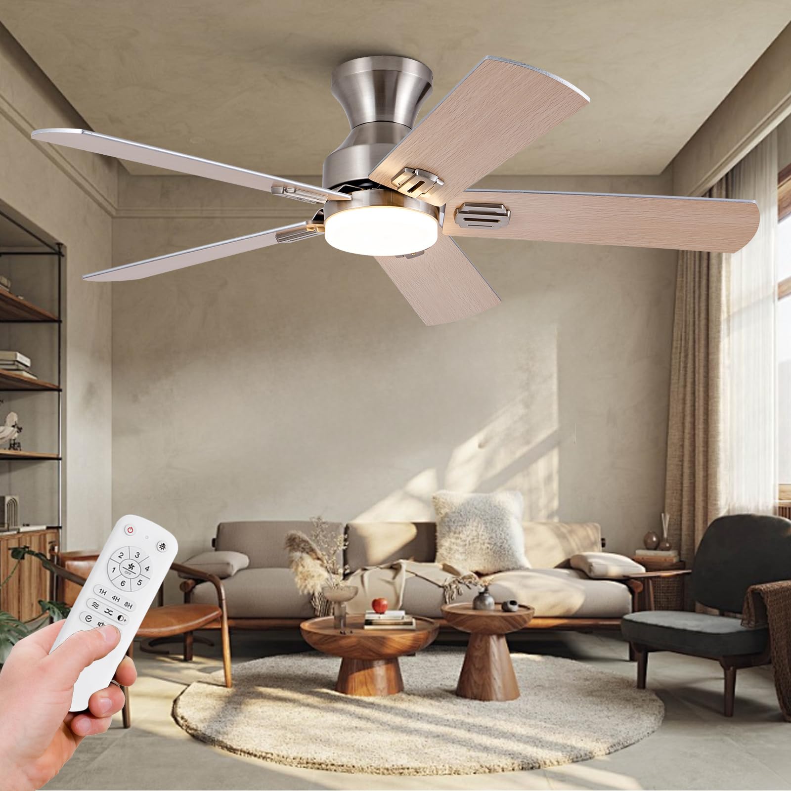 48 Inch Brushed Nickel Ceiling Fan with Light and Remote Control - Low Profile Flush Mount Modern Design, 5 Blades, Dimmable LED Light, 6-Speed DC Motor - Perfect for Bedroom, Living Room, Patio, and Indoor/Outdoor Use