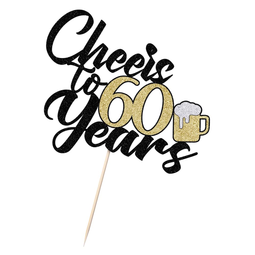 Kaoenla Black Gold Glitter 'Cheers To 60 Years' Beer Cake Topper - Elegant 60th Birthday Decor for Men & Women, 60th Wedding Anniversary Party Supplies, Milestone Celebration Cake Decoration (60) - Perfect for Retirement Parties, Diamond Anniversary Events & Golden Birthday Celebrations
