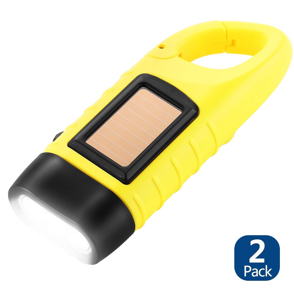 Simpeak 2-Pack Hand Crank Solar Powered Flashlight - Emergency Rechargeable LED Flashlight with Quick Snap Carabiner for Outdoor Camping, Hiking, Survival & Power Outages (Yellow)