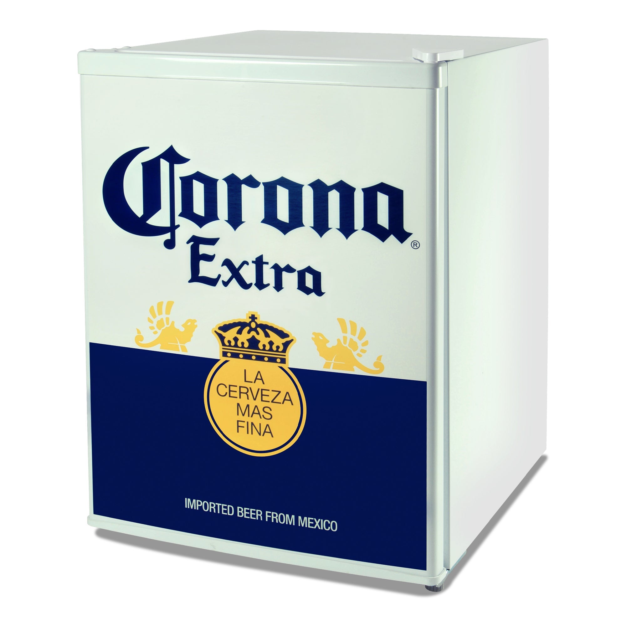 Corona Compact Bar Refrigerator with Freezer - 2.4 Cu Ft (70L) Capacity, Blue & White Design, Licensed Corona Graphics, Tempered Glass Shelves, Space-Saving Flat Back, Reversible Door - Perfect for Home Bars, Dorm Rooms, Offices, Dens & Small Spaces