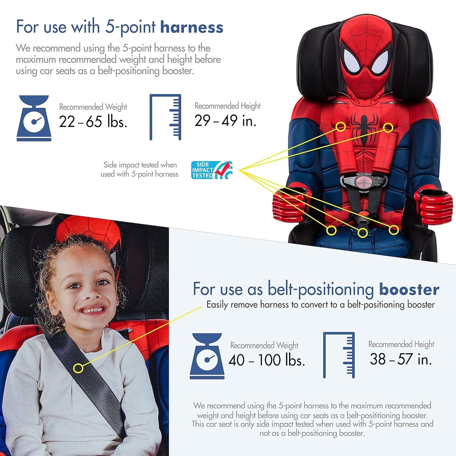 Marvel Spider-Man 2-in-1 Convertible Booster Car Seat for Kids | Forward Facing 5-Point Harness (22-65 lbs) & Belt-Positioning Booster (40-100 lbs) | LATCH System & Adjustable Headrest | Perfect for School Drop-offs & Road Trips