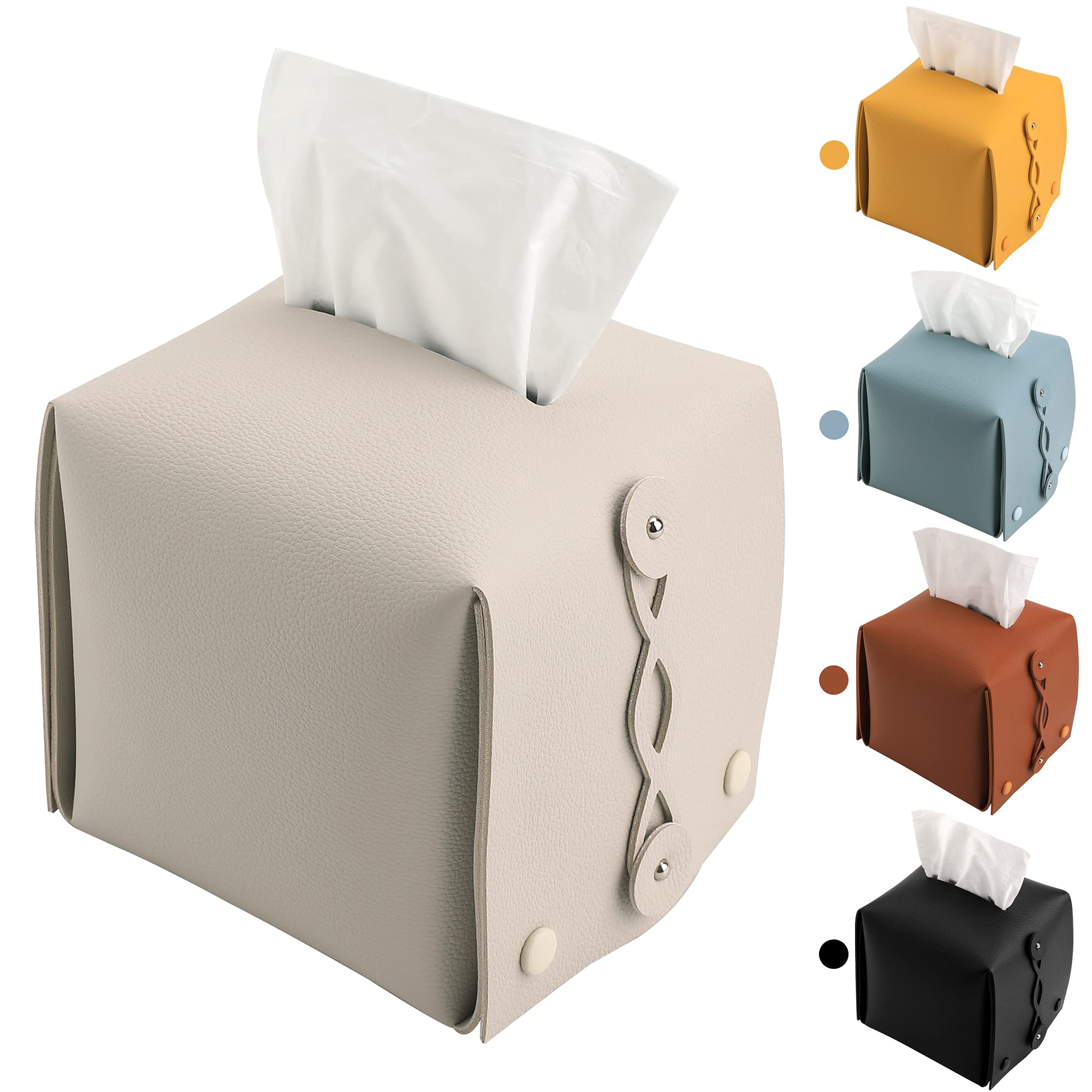 Premium Kevancho Leather Tissue Box Cover - Square Beige Tissue Holder for Car, Home, Bathroom, Office & Nightstands | Elegant Home Decor & Practical Desk Organizer for Living Room, Bedroom & Workspace