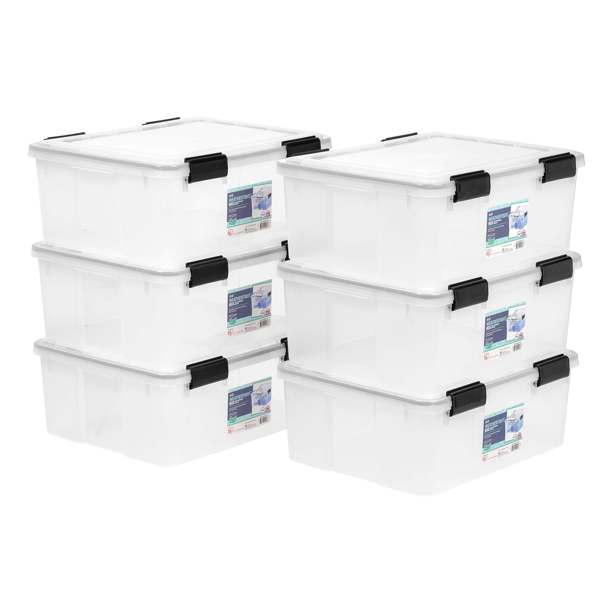 IRIS USA WeatherPro 31 Qt Storage Bins with Lids, 6 Pack - BPA-Free Plastic Airtight Containers with Secure Latch, Stackable & Nestable Clear/Black Tote Boxes for Home Organization, Pantry, Garage, and Office Storage
