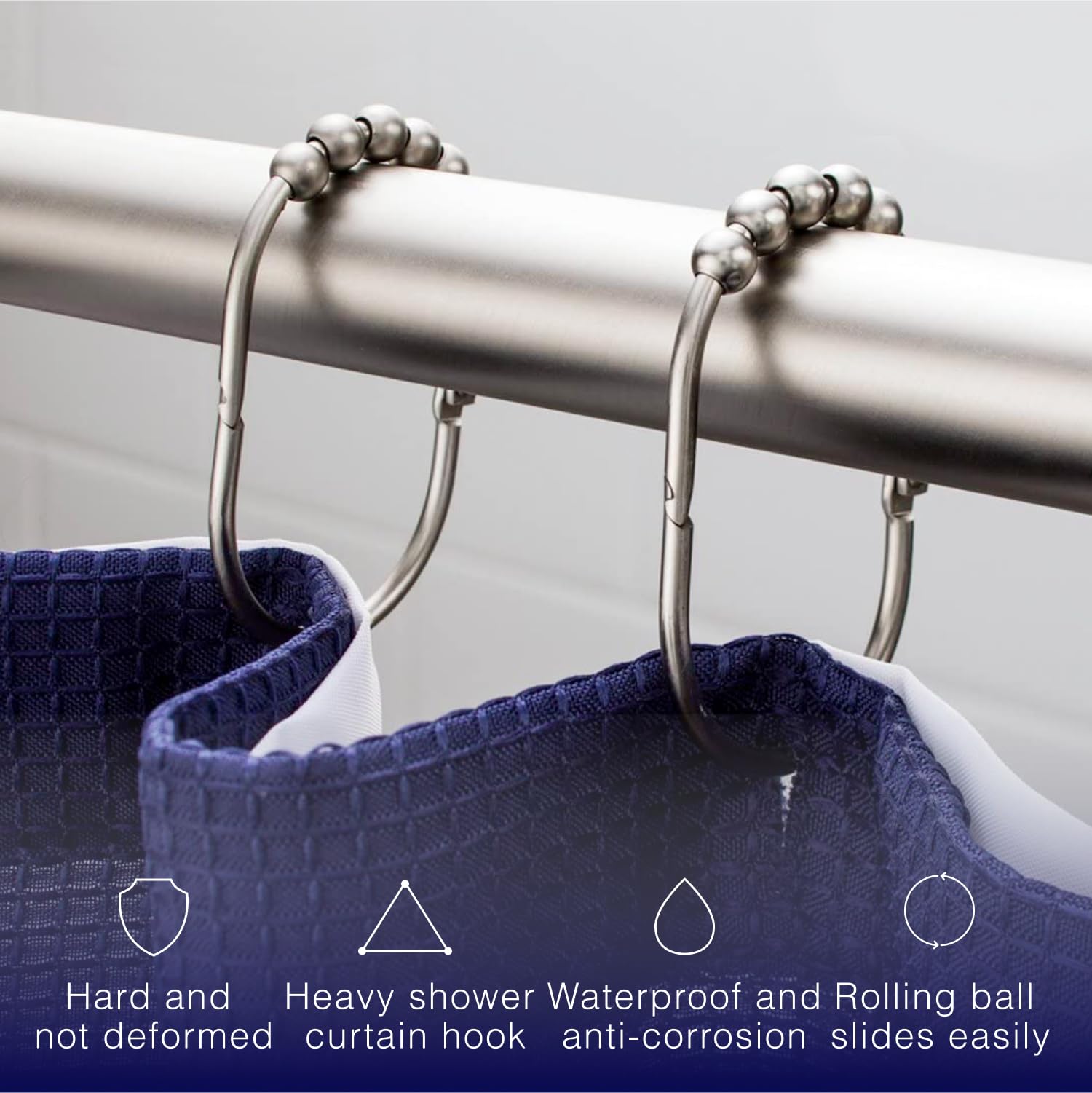 2LB Depot 12-Pack Shower Curtain Rings - Brushed Satin Nickel Finish, Rustproof Stainless Steel Hooks with Smooth Glide Rollers for Easy Opening - Perfect for Bathroom, Spa, Hotel and Home Decor Accessories