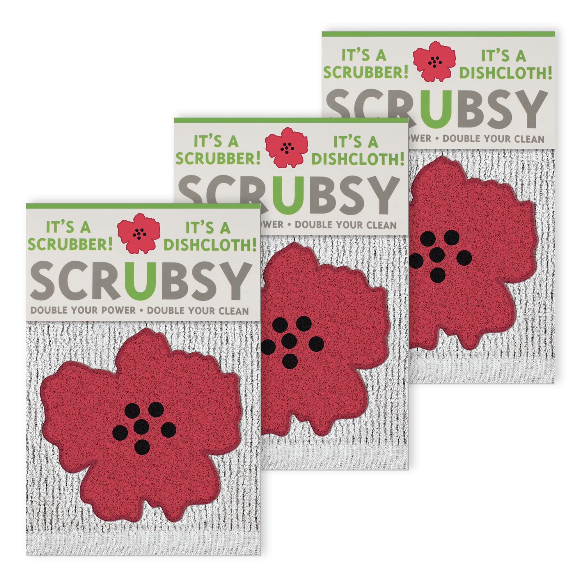 SCRUBSY Premium Cotton Dish Cloths - Super Absorbent & Quick-Drying Kitchen Towels - Machine Washable & Reusable - Set of 3 (Poppy Design) - Perfect for Washing Dishes, Cleaning Countertops & Household Chores