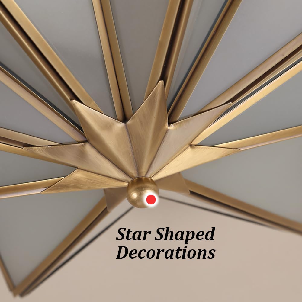 Vintage Star-Shaped Flush Mount Ceiling Light - 4-Light Mid Century Modern Brass Chandelier with Glass Shade for Dining Room, Bedroom & Living Room Lighting