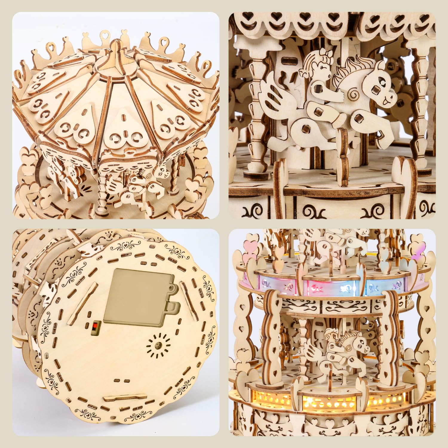 MIEBELY 3D Wooden Puzzle LED Carousel Music Box - DIY Craft Model Building Kit for Adults & Teens, Mechanical STEM Project, Christmas Gift for Kids Ages 8+, Desk Decor for Boys & Girls | Perfect for Home Decoration, Birthday Presents & Educational Activities