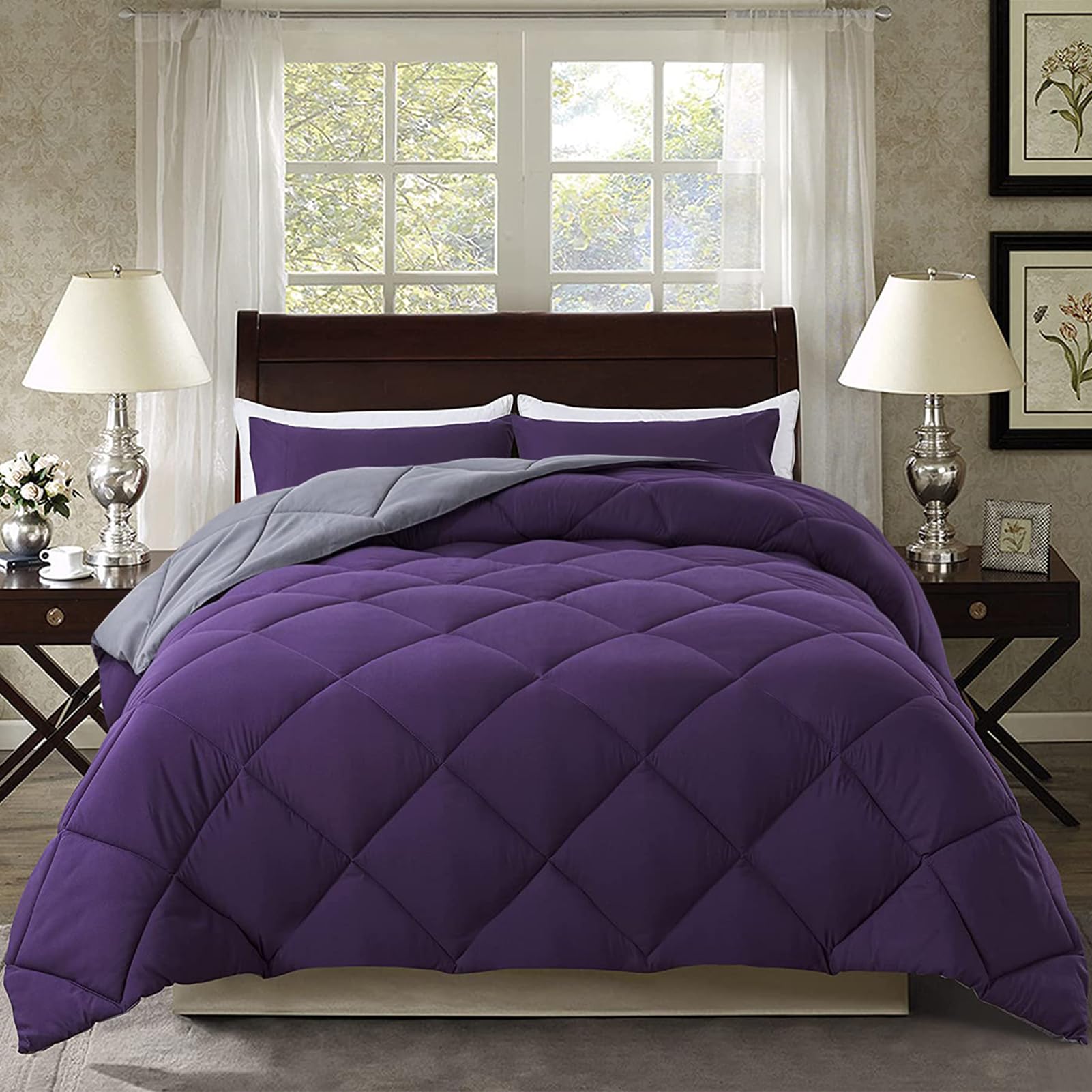 ELNIDO QUEEN® 2-Piece Twin/Twin XL Comforter Set - Reversible Purple & Grey Down Alternative Duvet Insert with Pillow Sham | Soft Lightweight Bedding for All Seasons | Perfect for Kids Rooms, Guest Beds & Dorm Decor (64x88 Inches)