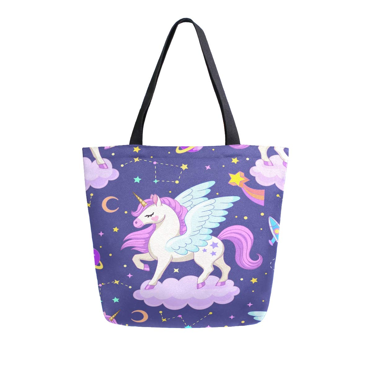 **Pegasus Unicorn Horse Large Canvas Tote Bag - Stylish Shoulder Handbag for Women & Girls - Cloud Stars Planets Design - Perfect for Grocery Shopping, Books, Laptop, Gym, School, Work, Travel & Beach**
