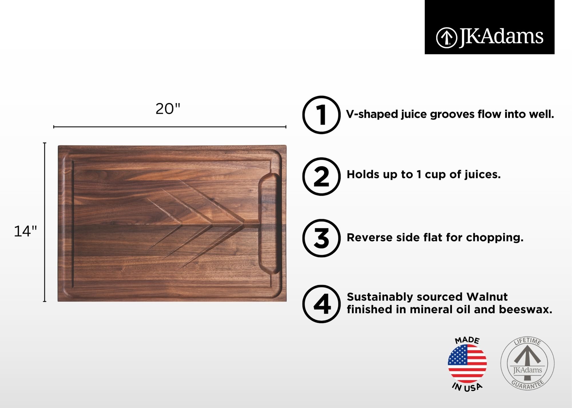 JK Adams Premium Walnut Wood Carving Board with Juice Grooves - 20x14 Inch Thick Butcher Block Cutting Board - Durable Hardwood Chopping Board for Kitchen & Holiday Dinners - Perfect for Meat, Cheese, Vegetables & Entertaining