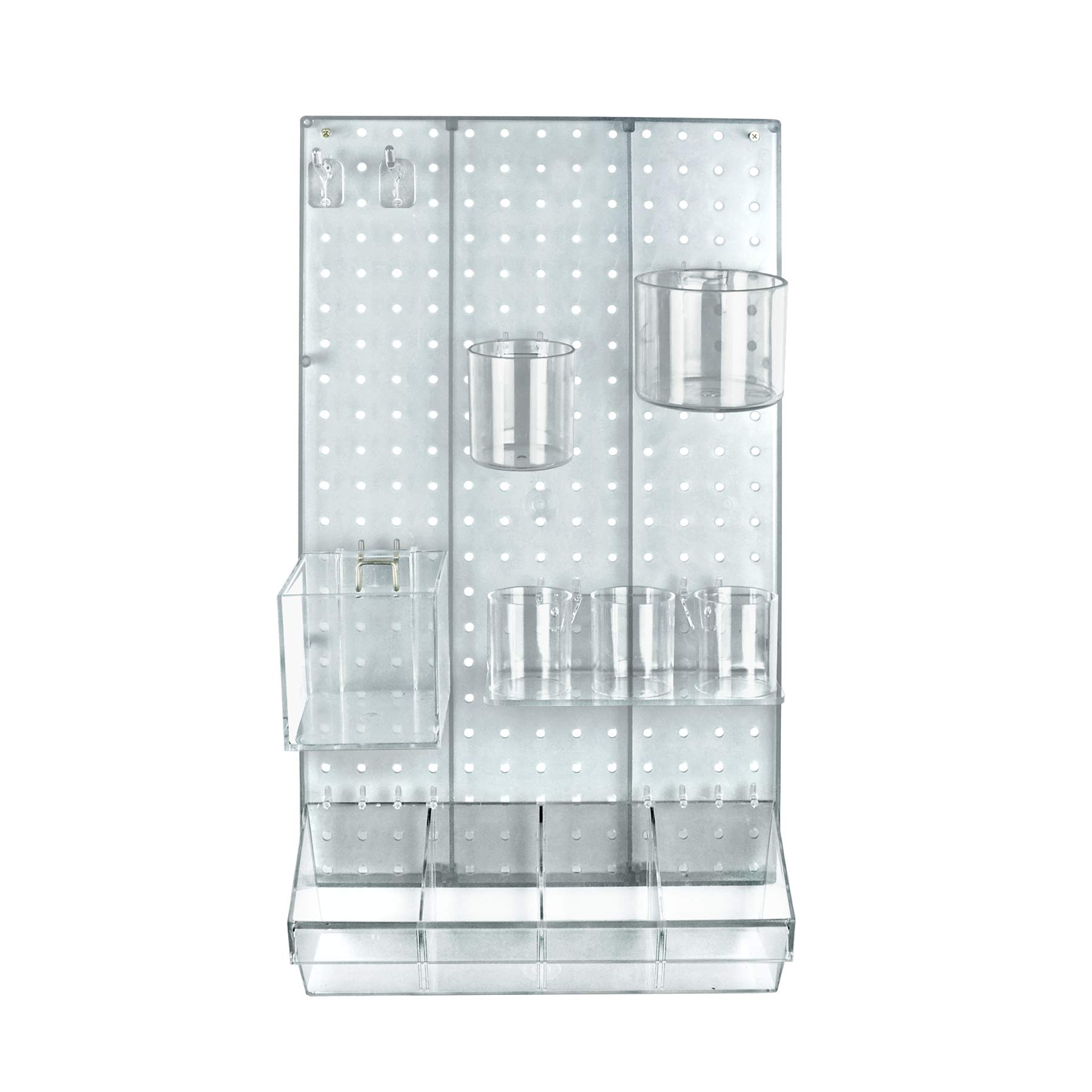 Azar Displays 900942-CLR DIY 12-Piece Pegboard Wall Organizer Kit with Panel, Hooks, Bins & Cups - Space Saving Storage for Hair Accessories, Tools & Craft Supplies - Perfect for Bedroom, Bathroom, Garage & Workshop Organization