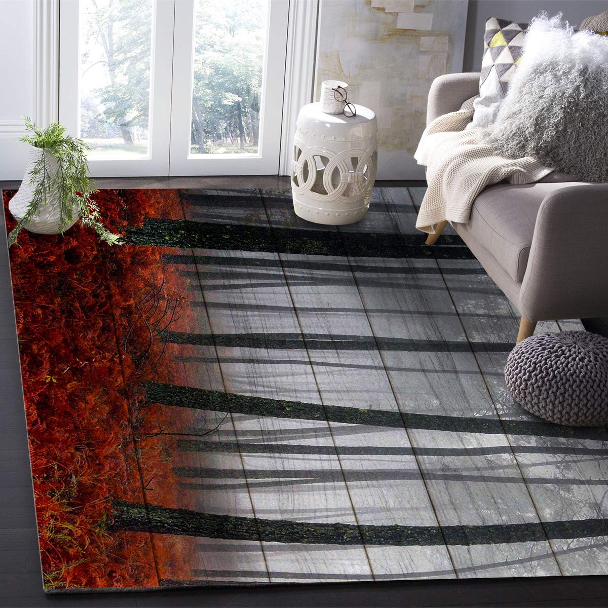 4'x6' Non-Shedding Boho Outdoor Rug - Waterproof Area Carpet for Bedroom, Living Room, Entryway, Kitchen & Bathroom Decor - Maple Forest Wood Pattern Floor Mat - Perfect for Home, Patio, and Dorm Room Decor