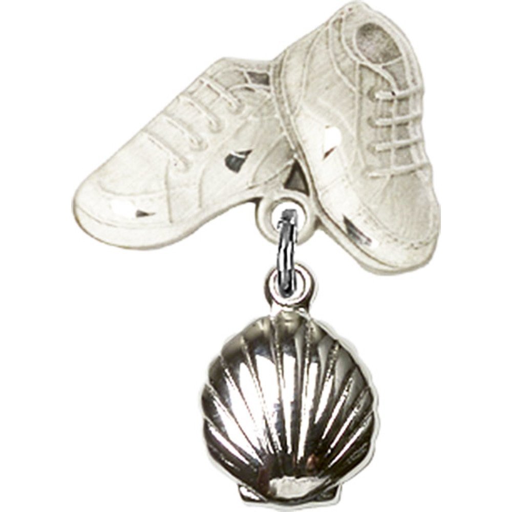 1 X 5/8 Inch Sterling Silver Baby Badge with Shell Charm & Boots Pin - Perfect for Christening Gifts, Baby Showers & Newborn Keepsakes