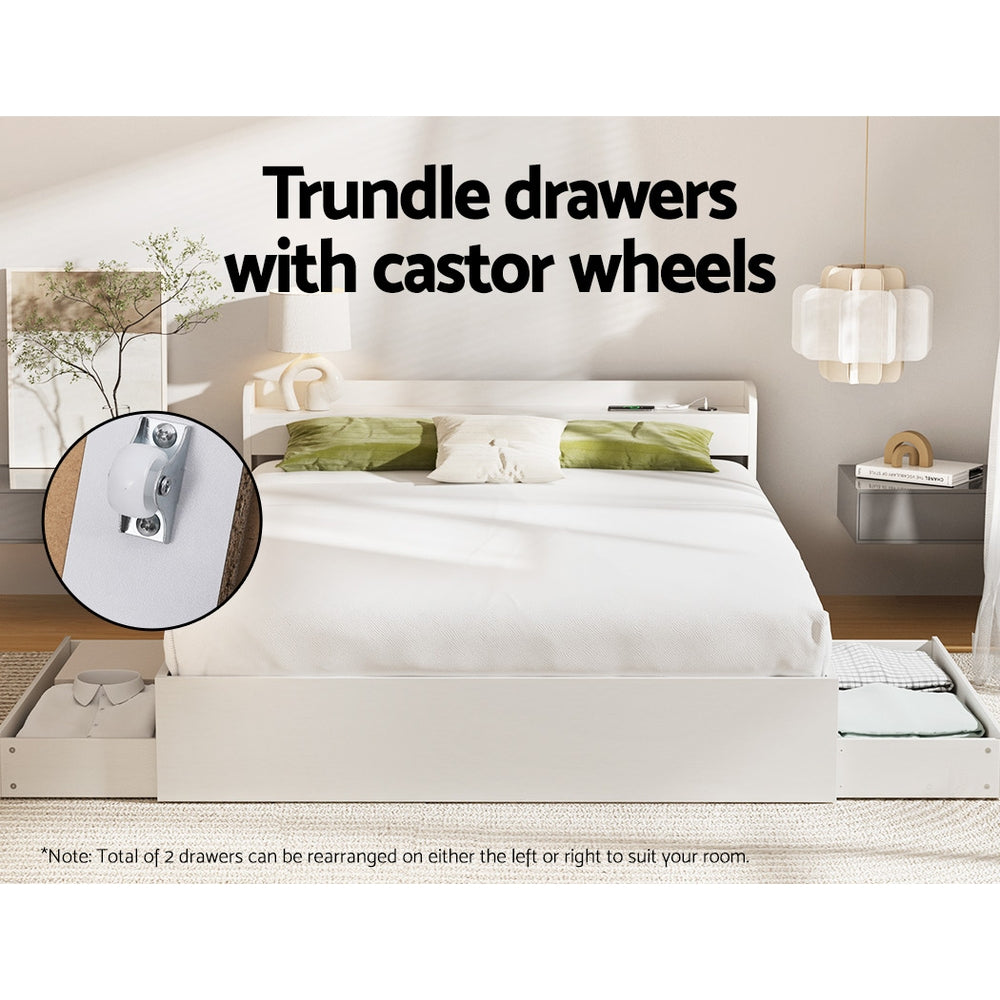 Aura Queen Bed Frame with 2 Storage Drawers & Bonita Pillow Top Mattress - Medium Firm Support - White Finish - Space Saving Bedroom Solution for Small Apartments and Guest Rooms