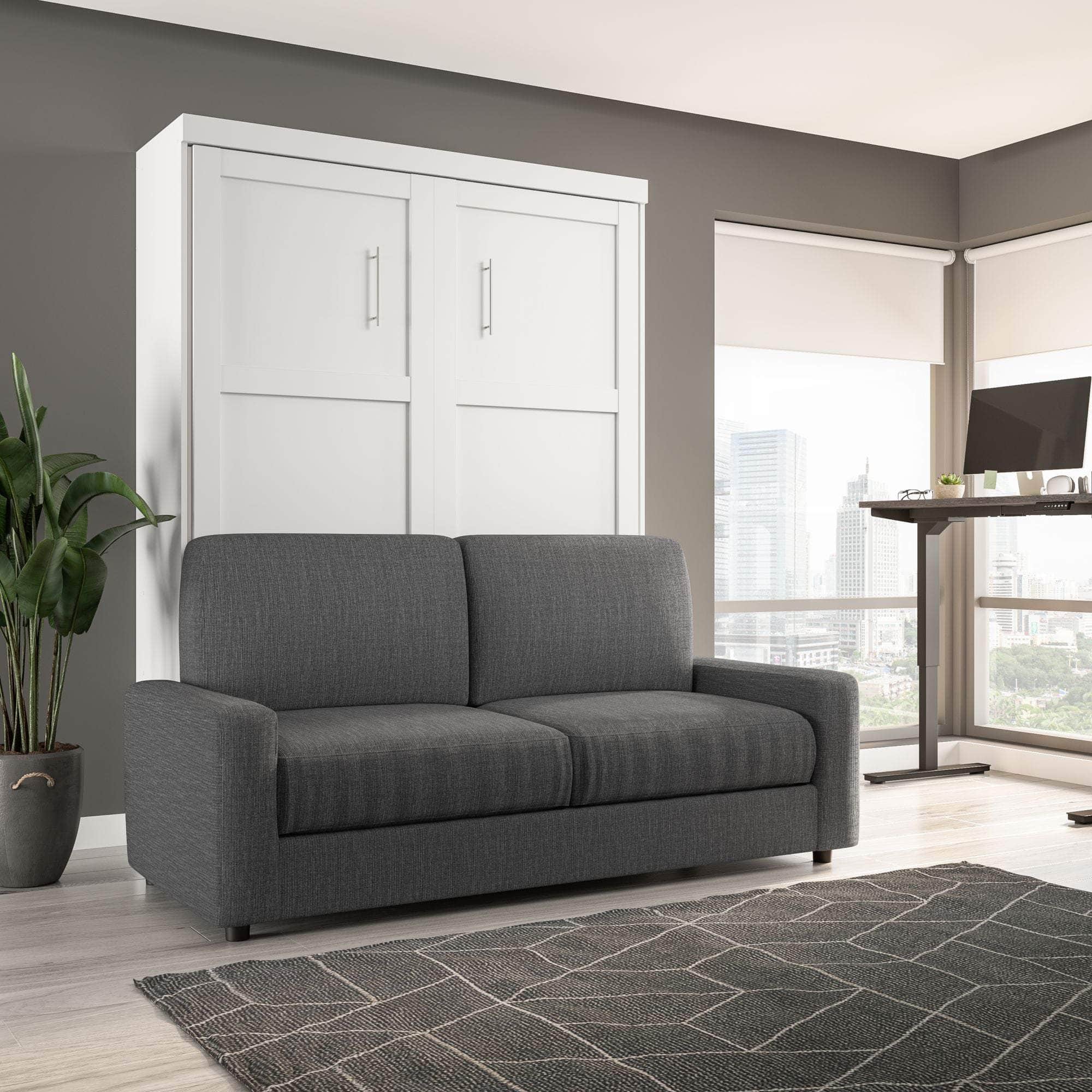 Queen Murphy Wall Bed with Sofa in White - Space-Saving Foldable Bed for Small Apartments, Guest Rooms & Home Offices