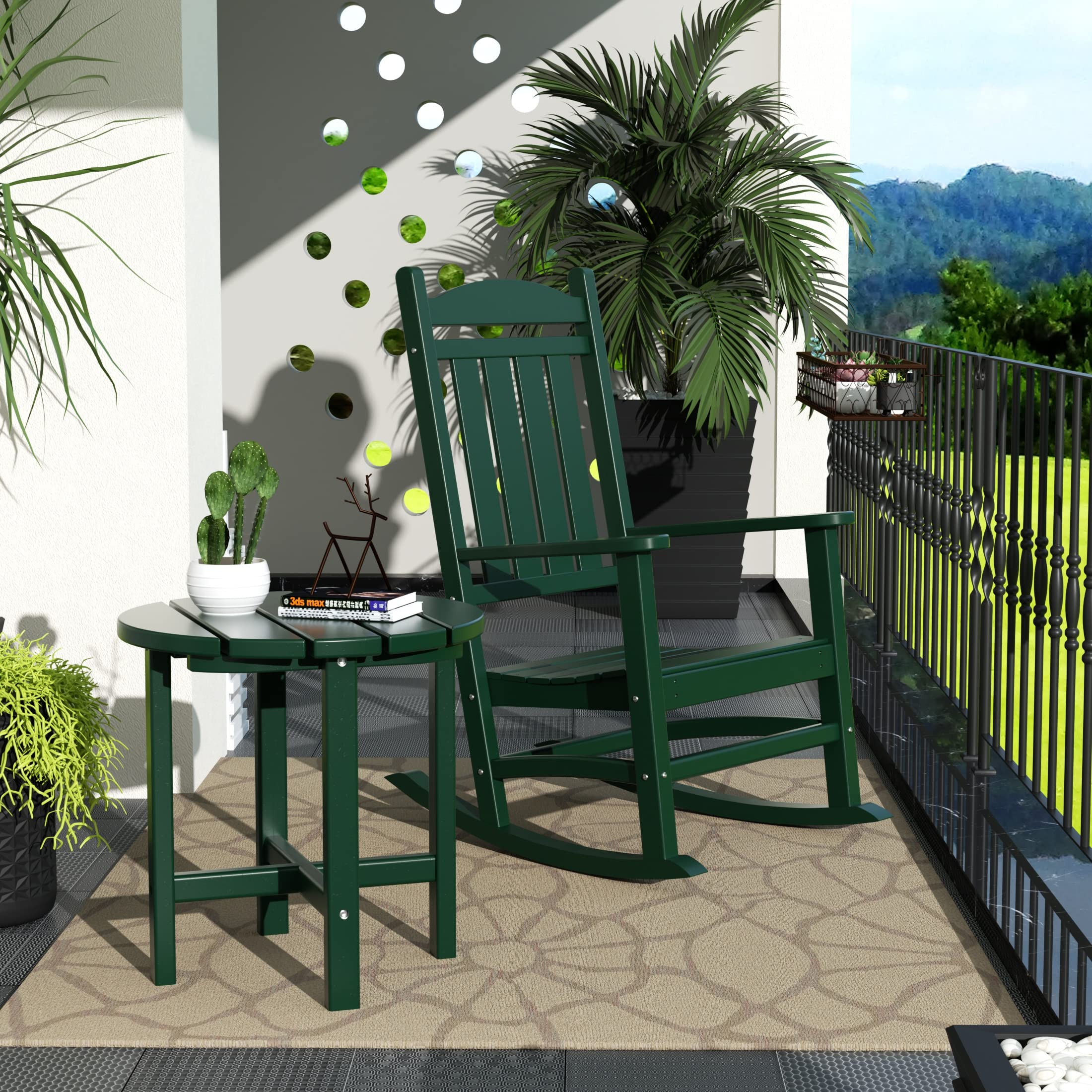 WO Home Furniture 2-Piece HDPE Outdoor Patio Rocking Chair Set - Traditional Style, Dark Green - Perfect for Porch, Garden & Backyard Relaxation