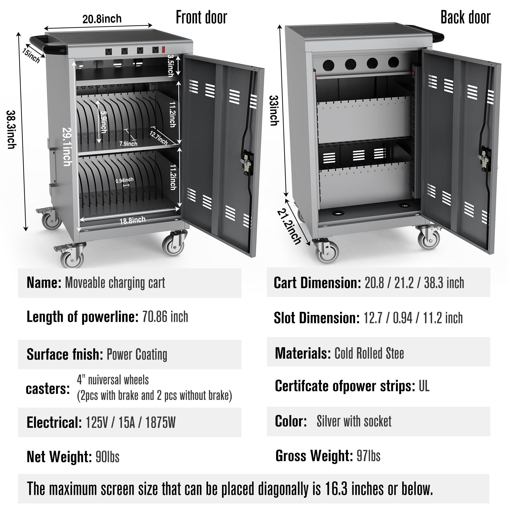 30 Device Mobile Locking Cart Docking Station - 16.3