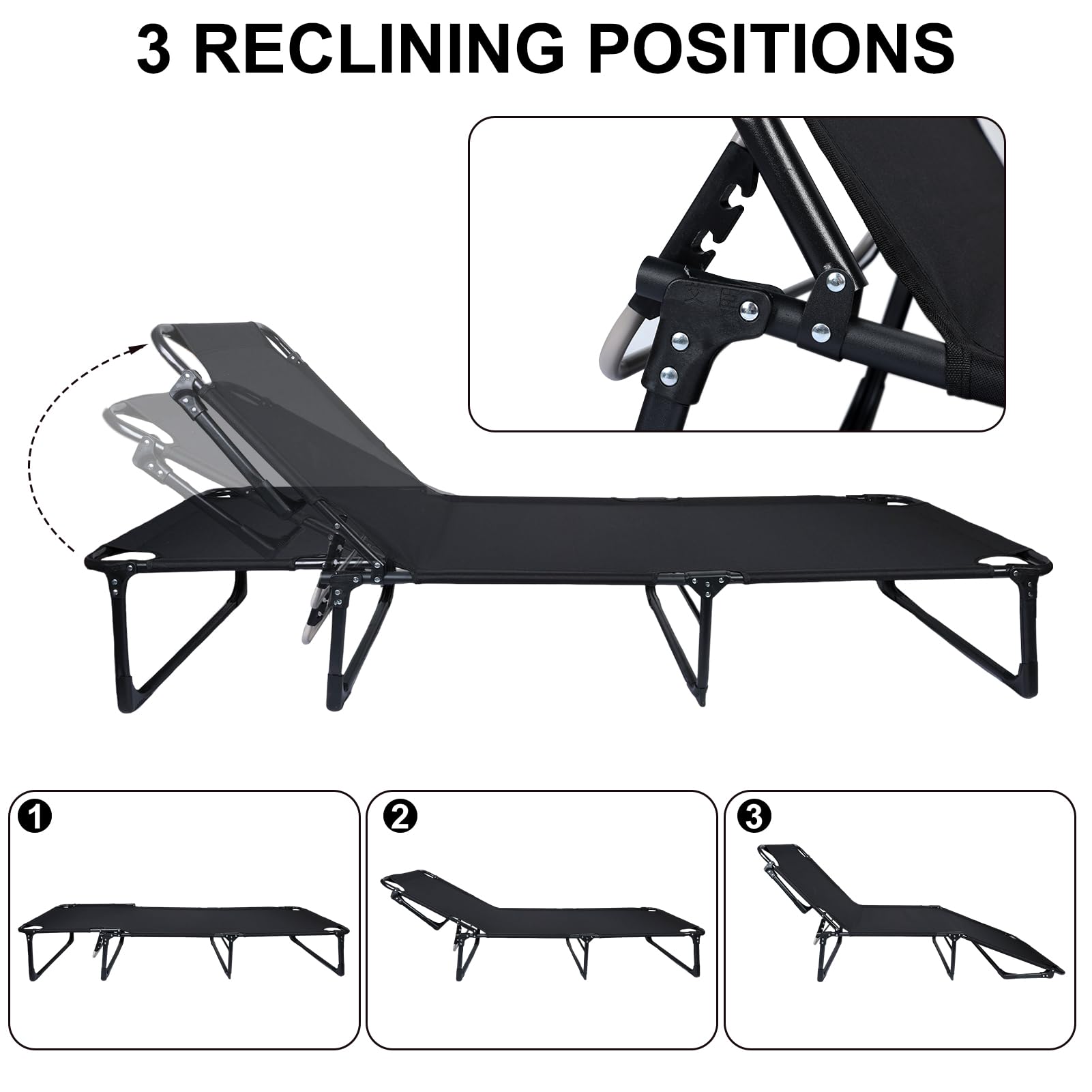 Adjustable 4-Position Reclining Folding Camping Cot for Adults with Pillow - Portable Outdoor Lounge Chair & Sleeping Bed - Perfect for Camping, Backyard, Beach, Poolside & Office Nap (Black)