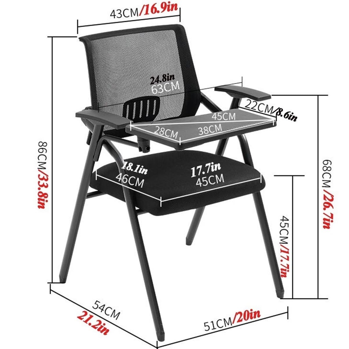 Ergonomic Mesh Office Chair with Arms - Adjustable Task Chair with Folding Desk, Writing Board & Cup Holder - Comfortable Guest Chair with Tablet Arm & Metal Frame (Orange) - Perfect for Home Office, Study & Conference Rooms