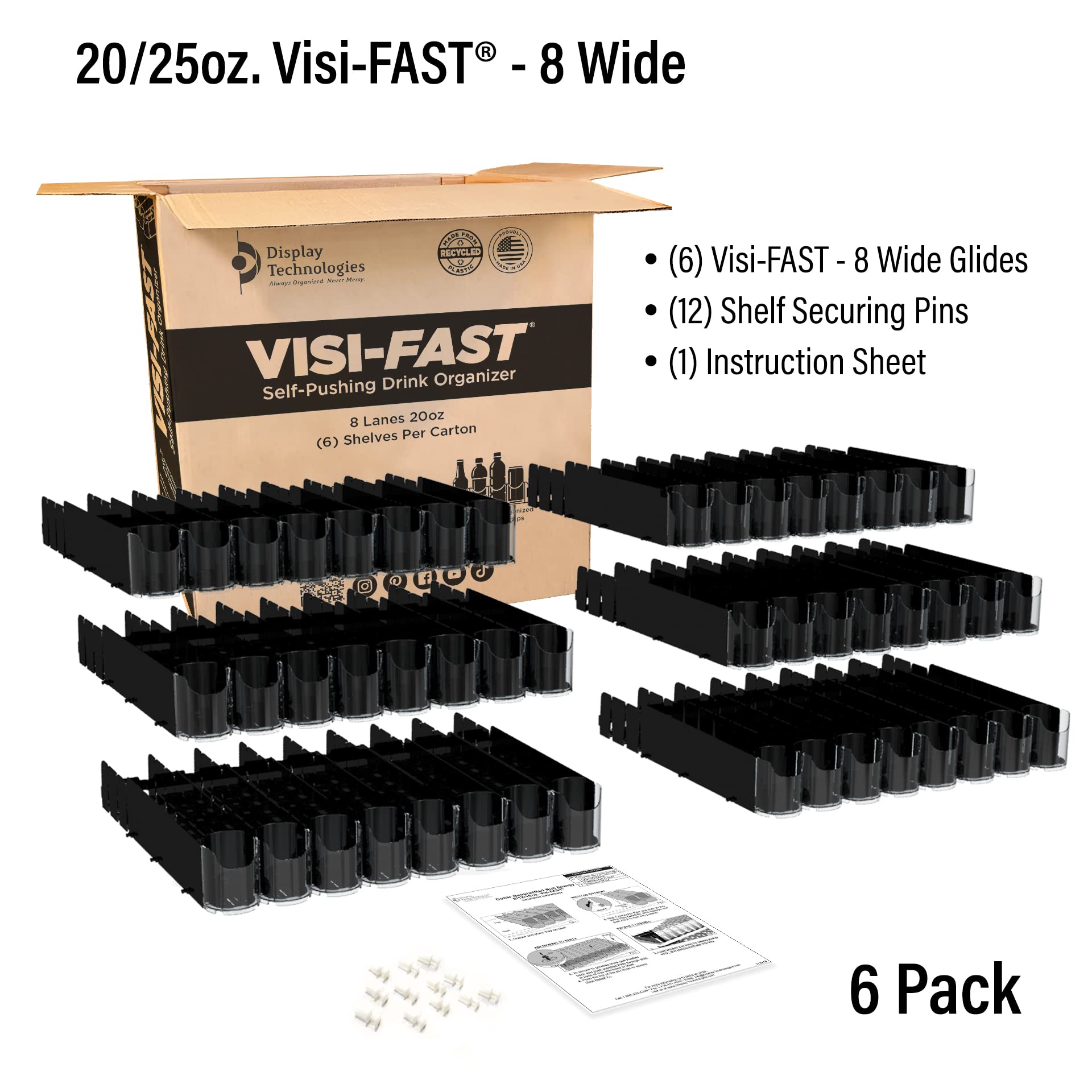 Visi-FAST Spring Push Drink Dispenser & Fridge Organizer for 20/25oz Bottles, Cans - Commercial & Home Refrigerator Storage (6-Pack) - Perfect for Soda, Juice, Water Organization in Restaurants, Bars, Offices and Home Kitchens