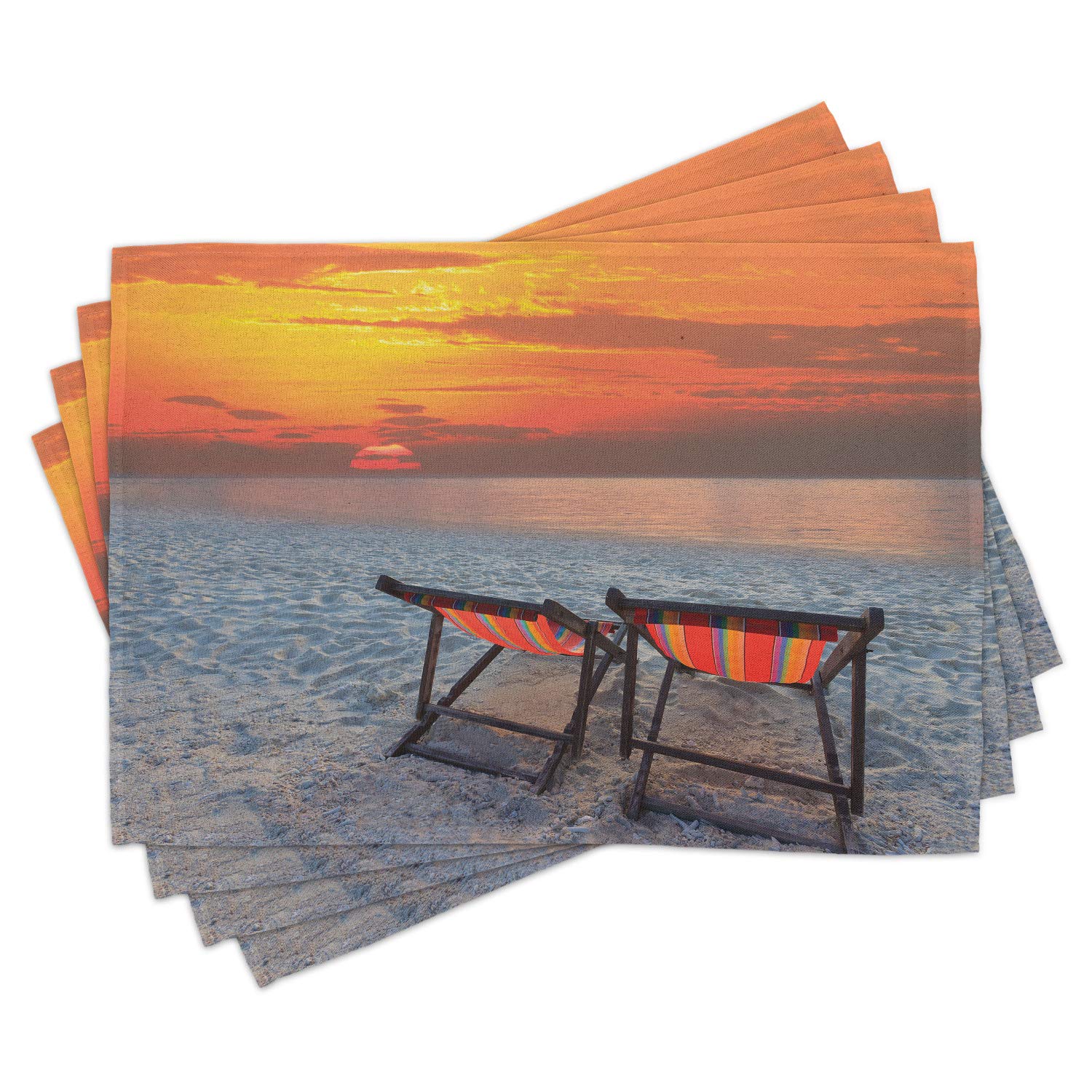 Ambesonne 4-Piece Seaside Placemats Set - Sandy Beach Couples Chairs with Colorful Sunset Sky Scenery, Washable Fabric Table Mats for Dining Room & Kitchen Decor in Orange Red Gray - Perfect for Beach-Themed Dinner Parties & Coastal Home Decor