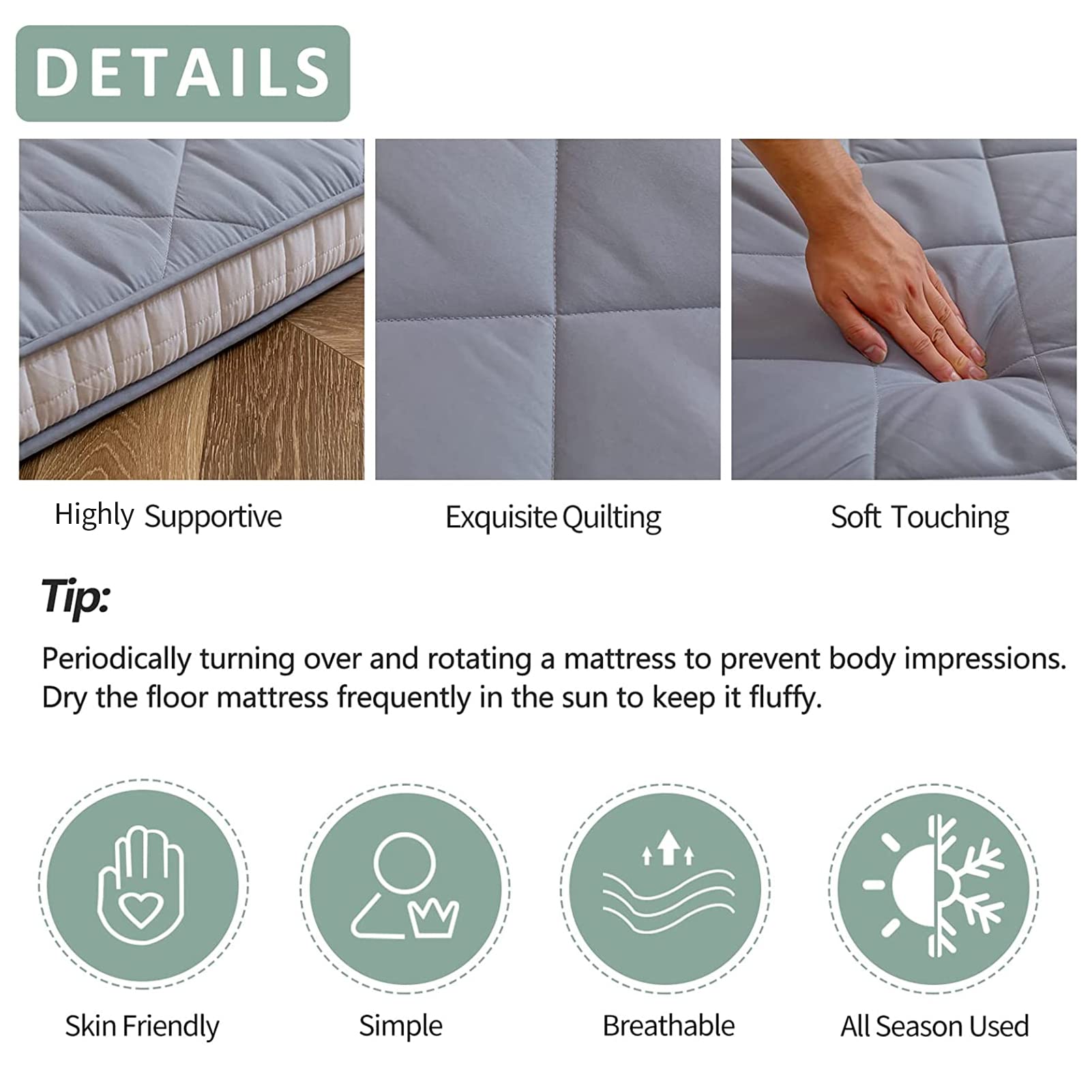 MAXYOYO Japanese Floor Futon Mattress - Diamond Pattern Roll Up Folding Bed for Adults & Guests, Grey | Portable Floor Sleeping Mat for Small Spaces, Camping & Travel