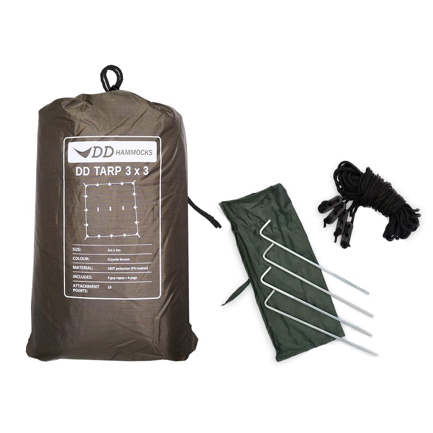 DD HAMMOCKS DD Tarp 3x3 - 10ft x 10ft Waterproof Camping Tarp in Coyote Brown - Lightweight Multifunctional Rainfly Shelter for Backpacking, Hiking, Beach & Outdoor Adventures