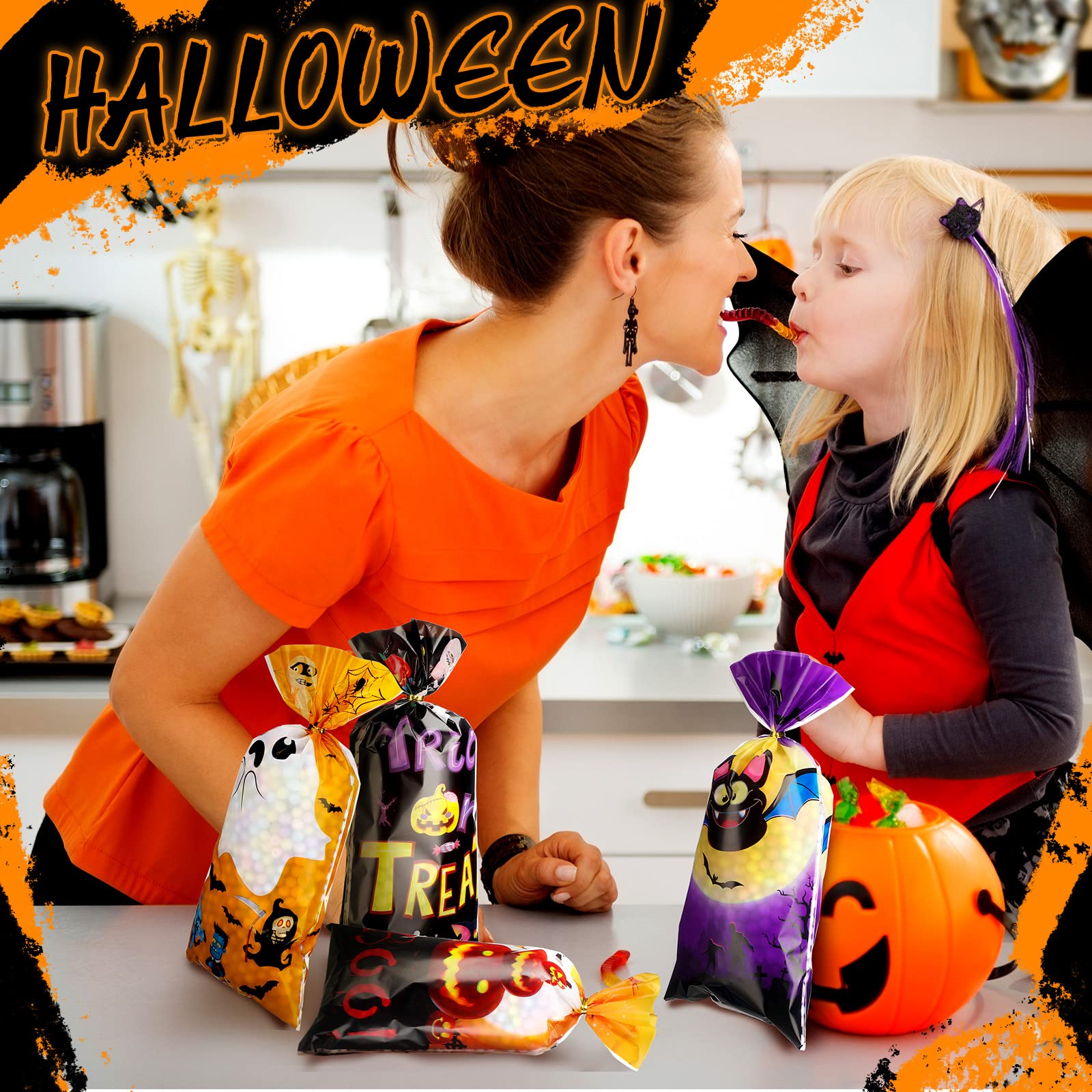 Hotop 120 Pcs Halloween Cellophane Bags with 150 Gold Twist Ties - Plastic Trick or Treat Candy Goodie Bags for Halloween Party Favors, Cookie Treats & Gift Wrapping