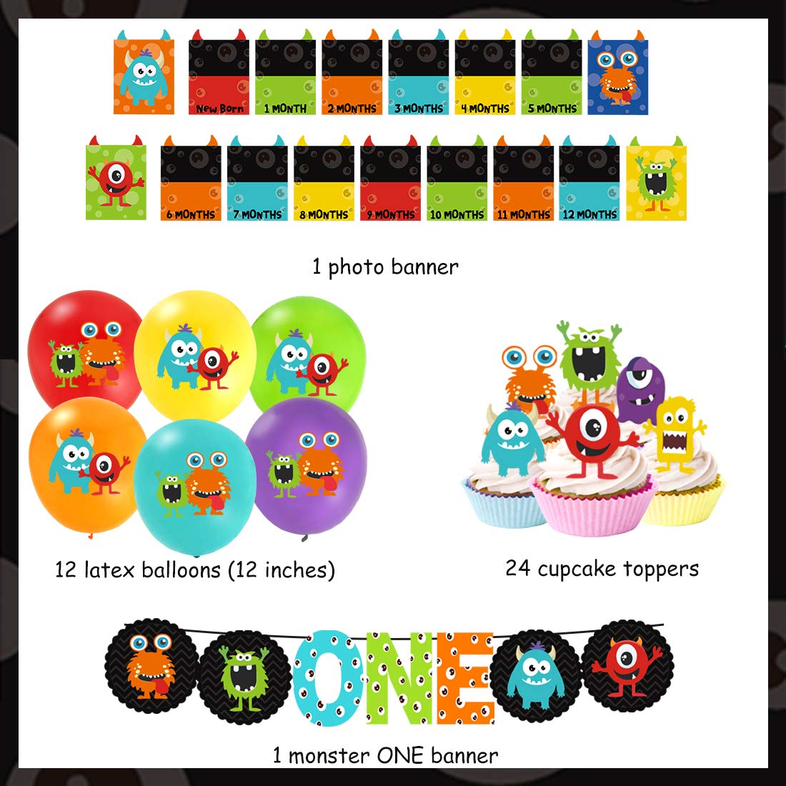 Monster 1st Birthday Party Decorations Kit - Photo Banner, Balloons & Cupcake Toppers for Baby Boy/Girl Birthday Supplies | Perfect for Monster Themed Birthday Parties, Baby Showers & Nursery Decor
