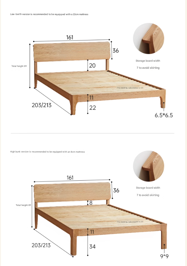 Solid Oak Rubber Wood Bed - Modern Nordic Style Queen/King Size Bed Frame for Bedroom, Living Room & Guest Room