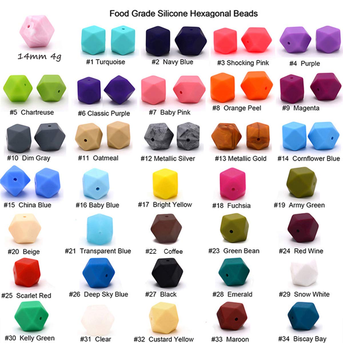 14mm Hexagonal Silicone Beads - 50pcs for Jewelry & Keychain Making