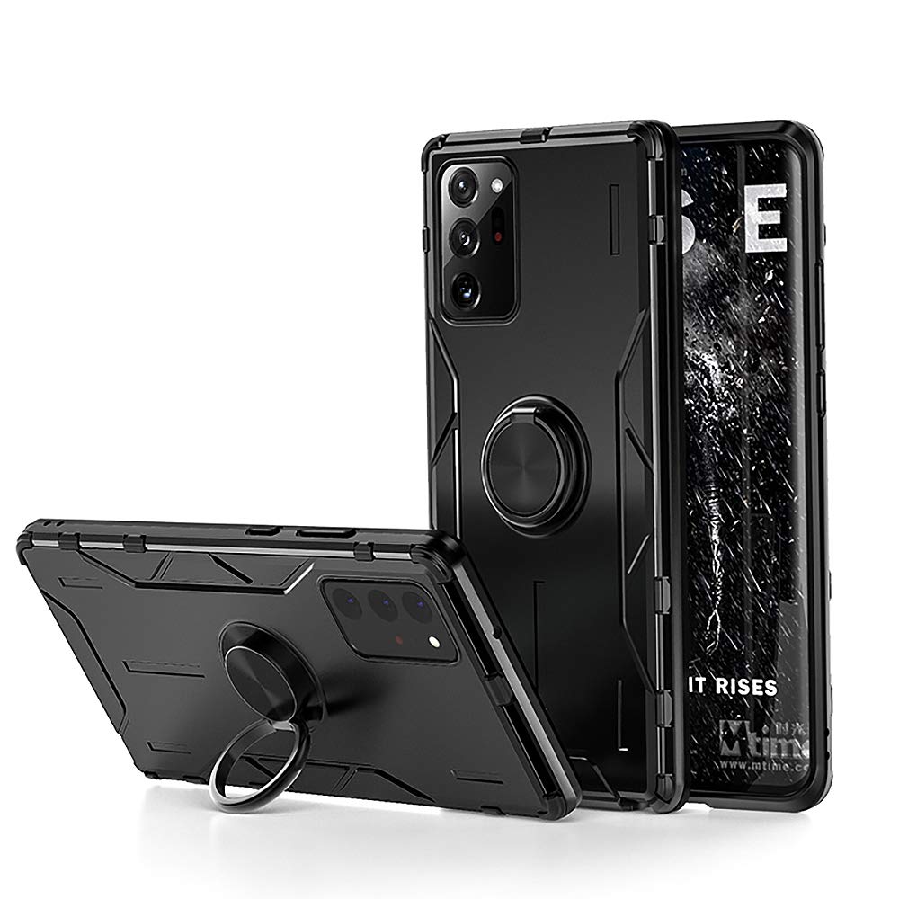 Jonwelsy Shockproof Case for Samsung Galaxy Note 20 Ultra - Soft Silicone & Aluminum Alloy Armor Cover with 360° Rotating Ring Holder, Kickstand & Magnetic Car Mount (Black) | Perfect for Daily Protection, Hands-Free Viewing & Secure Car Mounting