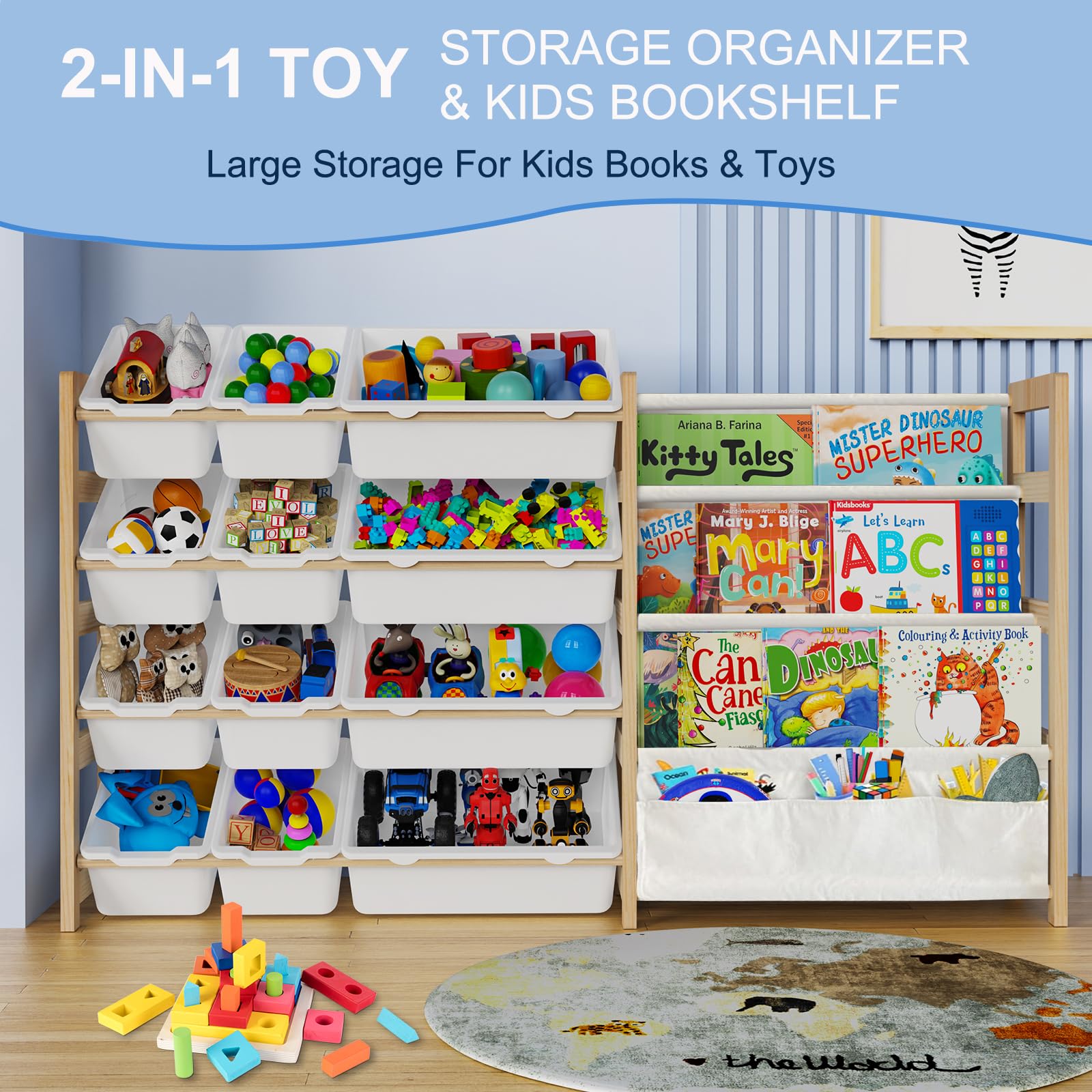12-Bin Large Toy Storage Organizer with 4-Tier Bookshelf - Kids Room, Playroom & Nursery Organization - Perfect for Storing Toys, Books & Learning Materials