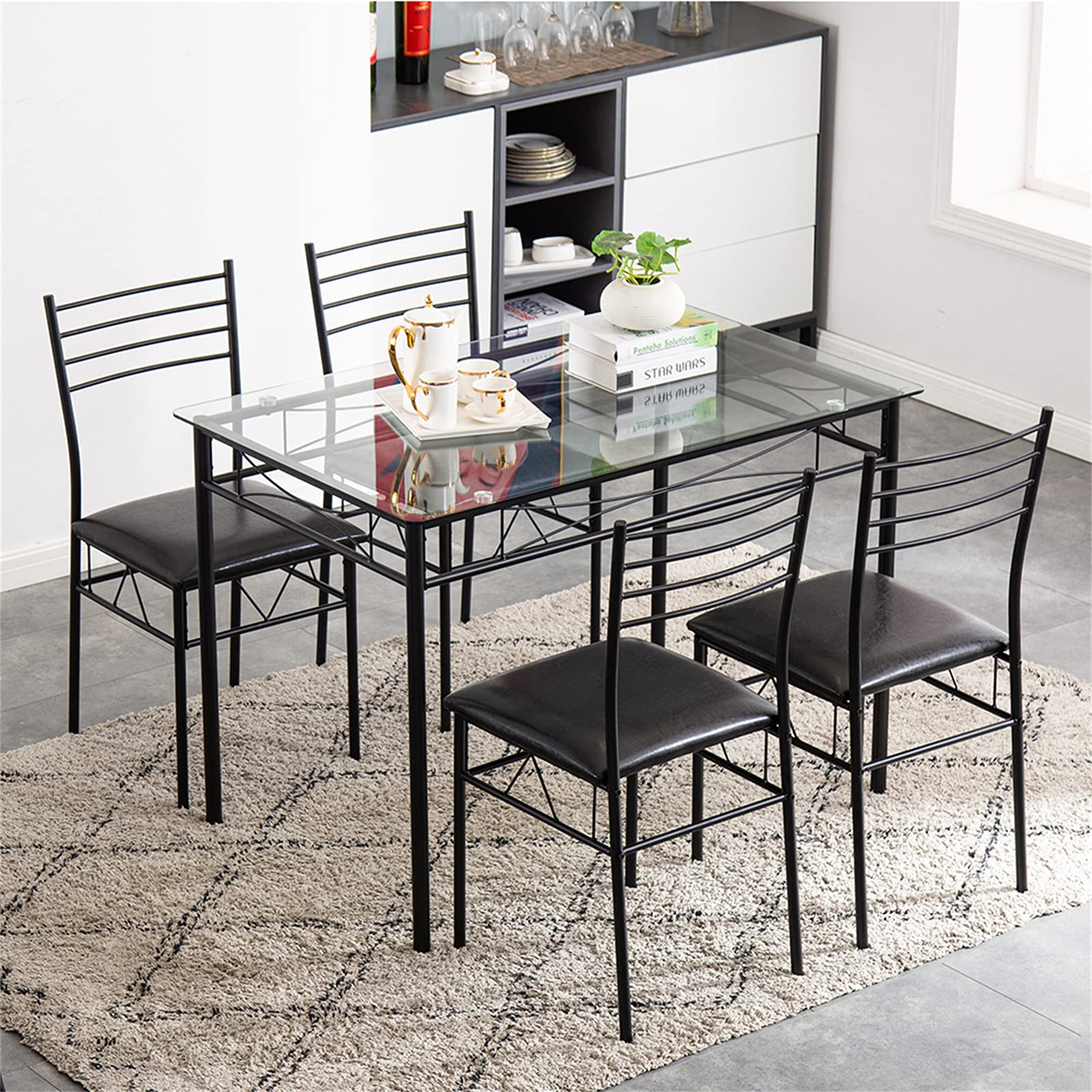 Modern 4-Piece Tempered Glass Dining Table Set with Stainless Steel Frame & PU Leather Chairs - Space-Saving Kitchen Table for Small Apartments, Breakfast Nooks & Cozy Dining Areas