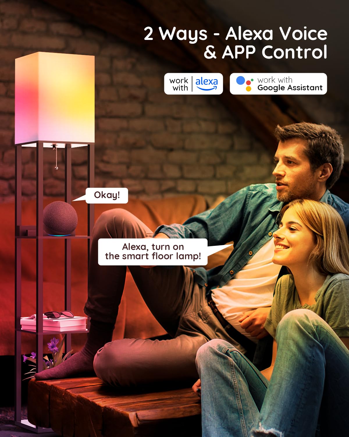 PAZZO Smart RGB Floor Lamp with Shelves - Alexa Compatible, Solid Wood Design, 2 USB Charging Ports & 1 Power Outlet - Modern Standing Lamp for Living Room, Bedroom, Office (Bulb Included, Matt Black) - Perfect for Reading, Gaming & Home Decor