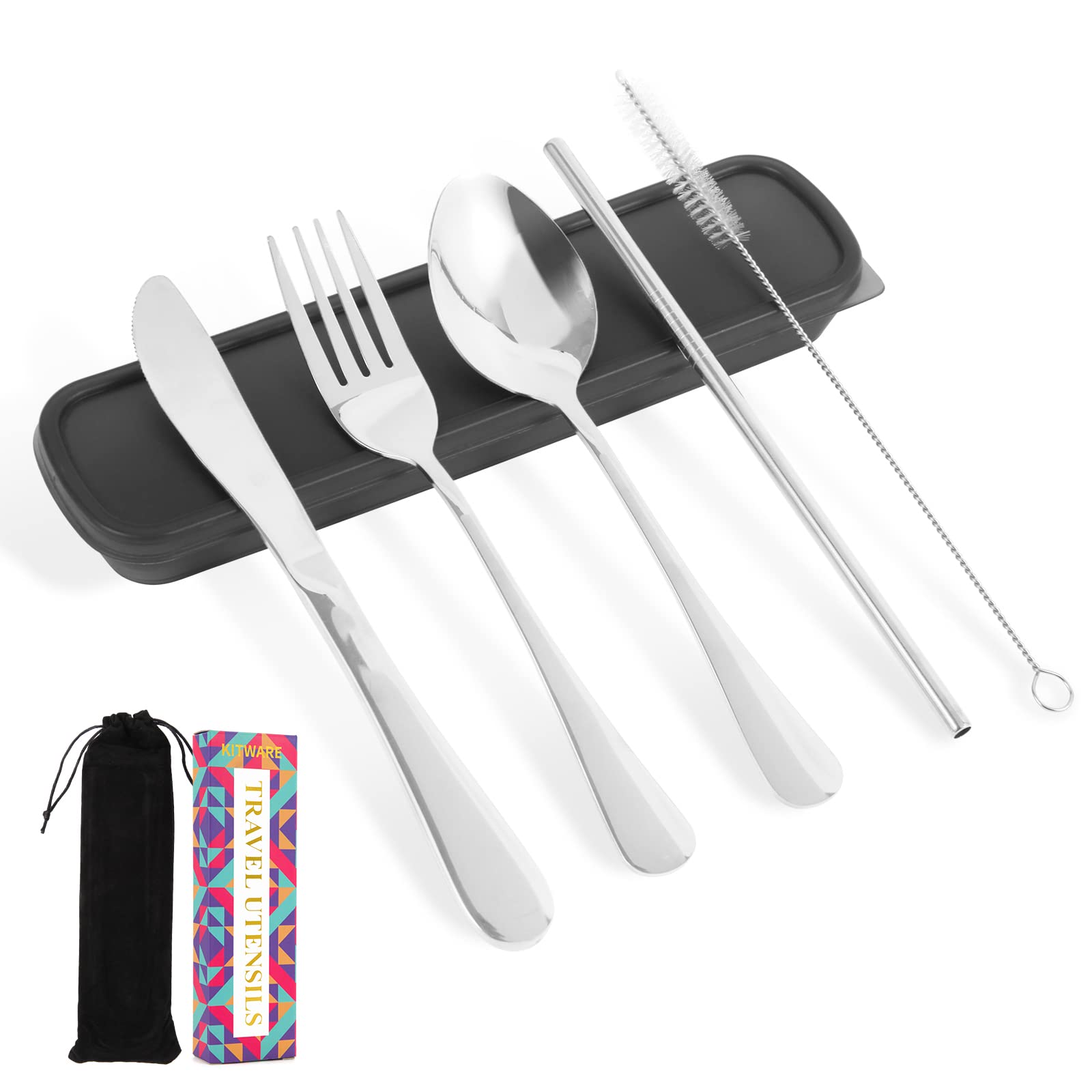 **Portable Stainless Steel Travel Utensil Set with Case - 6-Piece Reusable Camping Cutlery (Knife, Fork, Spoon) for Work, Picnics, Hiking & Outdoor Dining**